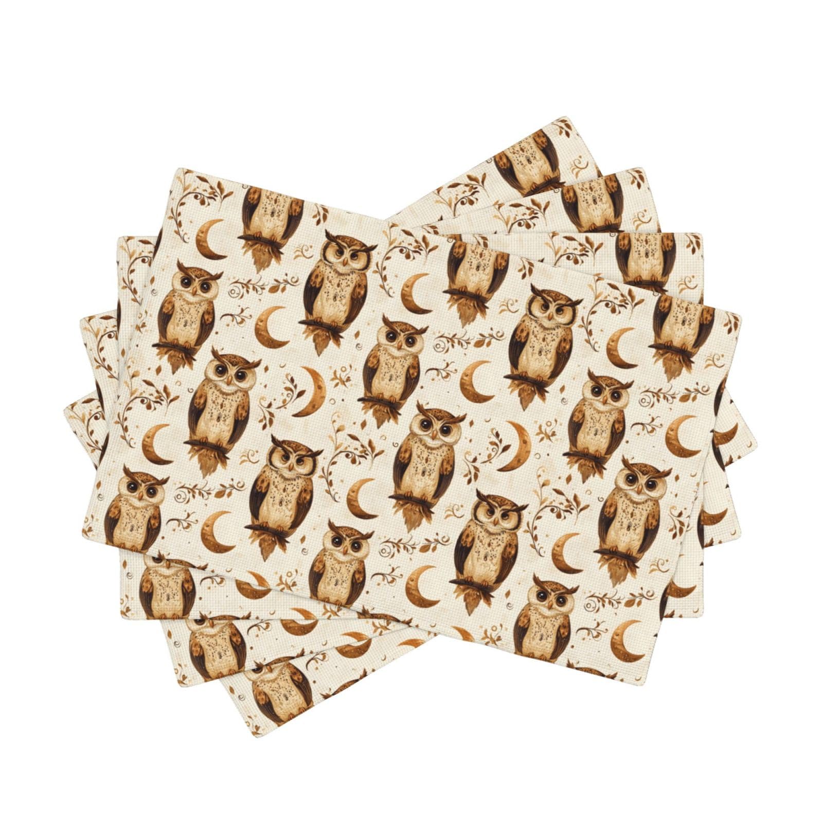 Set de table hibou et lune en faux lin | Lot de 4 nappes individuelles lavables de 30 x 45 cm
