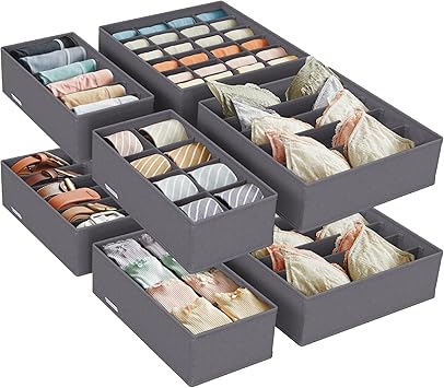SONGMICS Juego de 8 Organizadores para Cajones de Ropa Interior, Divisores de Cajones, Plegables, para Sujetadores, Calcetines, Corbatas, Cajas de Tela para Armario, Gris RUS08GY