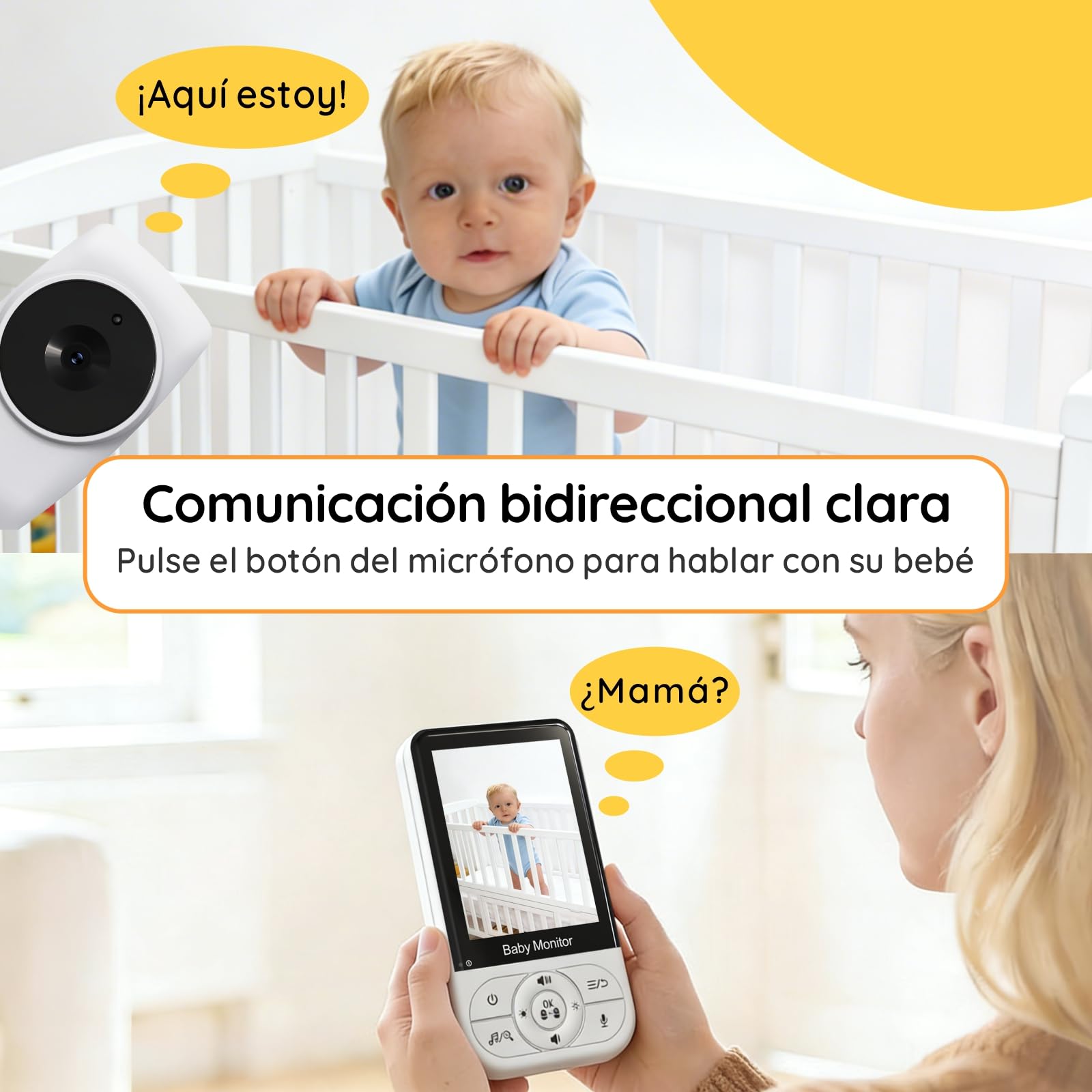 Babystar Camara Vigilancia Bebe con Pantalla 3.2", Vigilabebes con Camara sin Wi-Fi, Visión Nocturna, Comunicacion Bidireccional,Monitoreo de Temperatura, Zoom 2X, Eco, 4 Canciones de Cuna relajantes