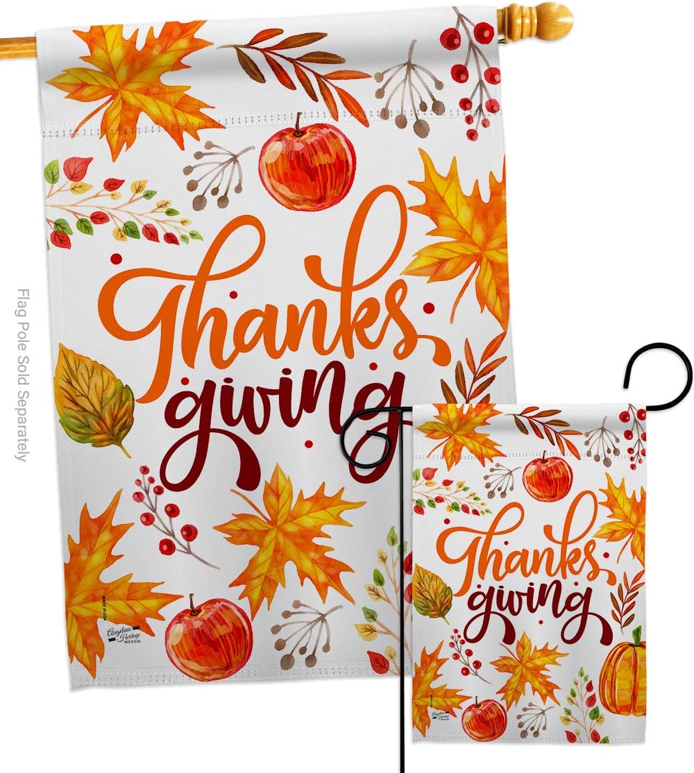 Thanksgiving Leaves House Flag Falltime Turkey Give Thanks Gobble Pumpkin Season Autumntime Cornucopia Small Decorative Gift Yard Banner Made In USA 28 X 40