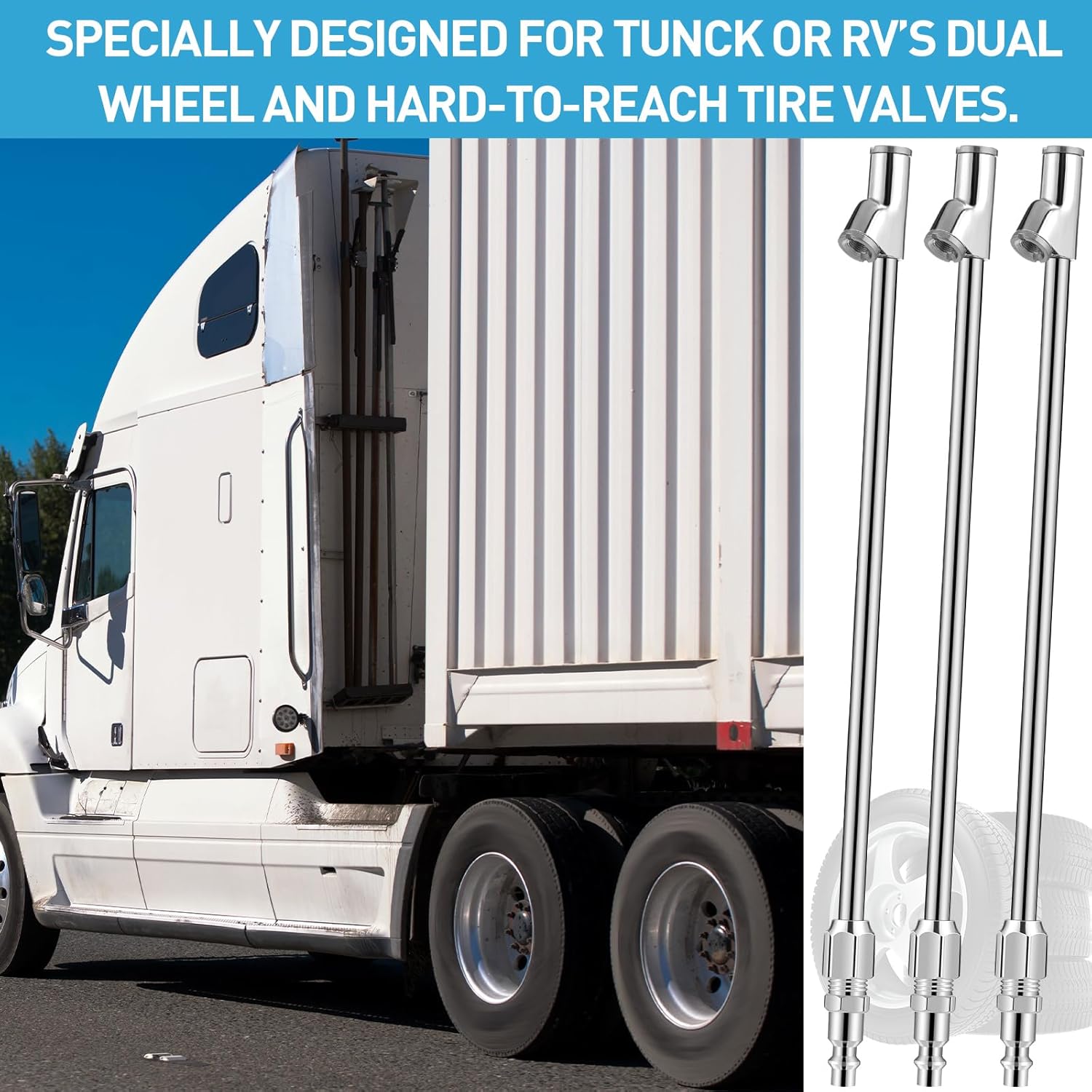 BBTO 5 Sets Silver Air Chuck Set 2 Way Connection 13.8" Extended Tire Chuck 1/4 in Fnpt Straight Foot Dual Head Tire Inflating with Standard Plug Tape for Truck Rv Tires Semi