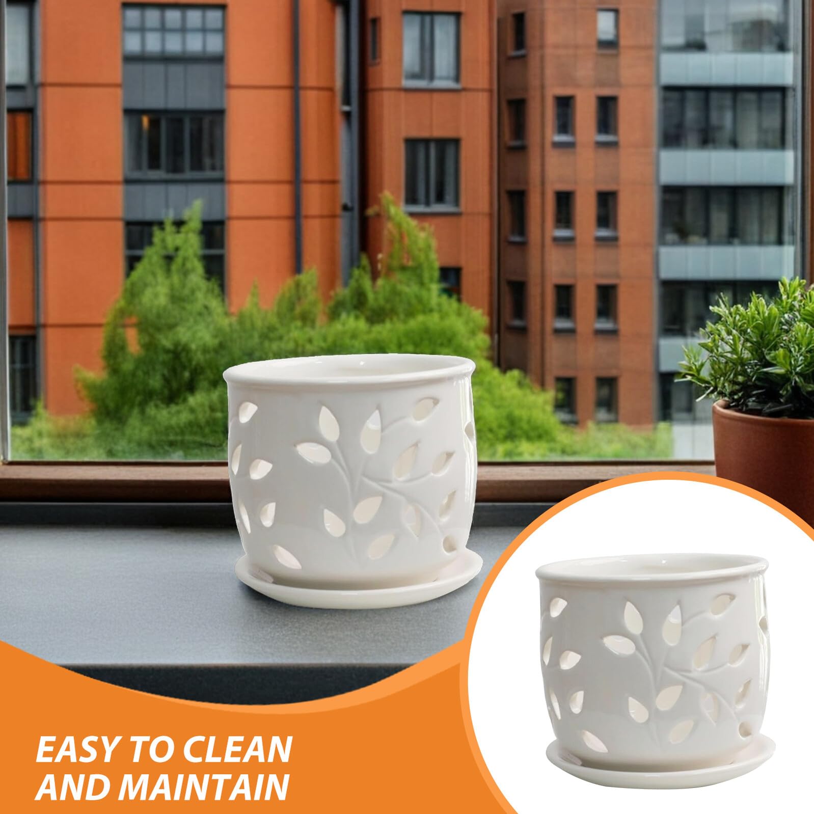 Ceramiczny Biały Doniczka z Otworami i Tacą Ceramiczne Doniczki Do Roślin Doniczkowych Wewnętrznych Zapewniające Drenaż i Wentylację Korzeni dla Zdrowego Wzrostu