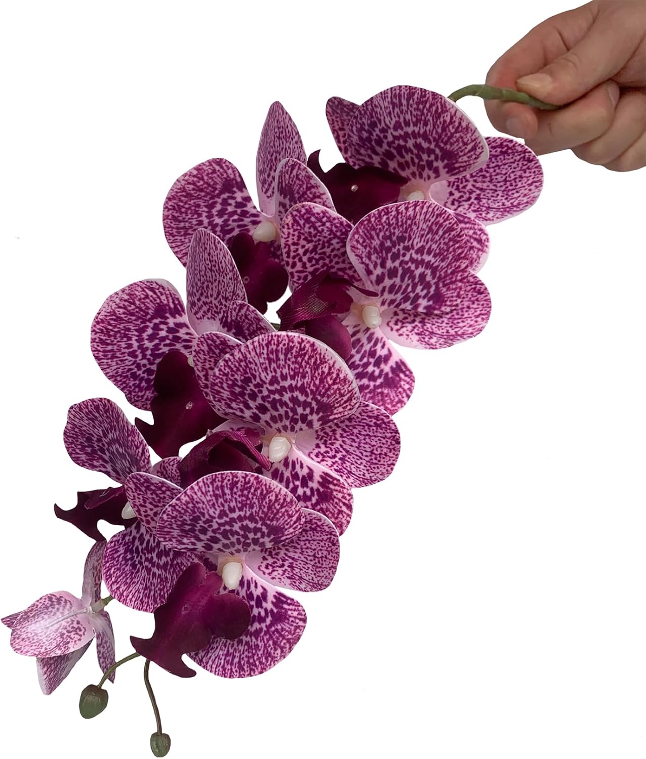 HinyoCo 5 Pcs Artificial Orchid Flowers and 4 Bundles Leaves, Artificial Phalaenopsis Flowers 32 Inch Stem Plants for Home Wedding Decoration (Purple Spots)