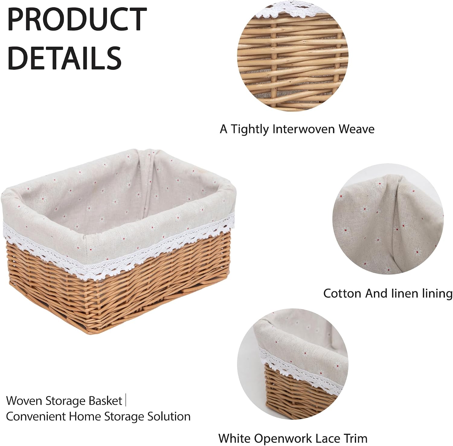 Rectangular Wicker Storage Basket with Removable Liner (Large) | Woven storage organizer, handwoven willow, detachable washable liner, multi-room use, farmhouse decor, closet shelf bin