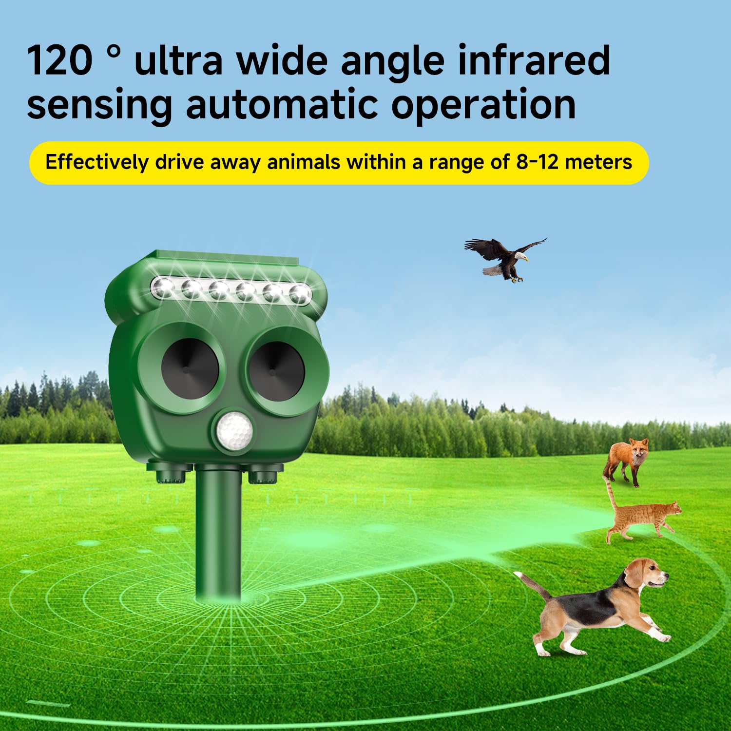 WUGEIN Repellente Gatti Ultrasuoni Solare,Impermeabile a Frequenza Professionale Repellente Gatti,Dissuasore Animali con Luce Flash a LED,Dotato di sensore infrarosso