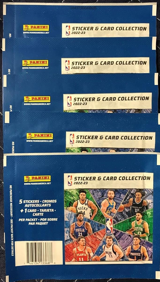2022 2023 Panini NBA Basketball Sticker Pack Gift Lot Containing 5 Packs with 25 Stickers and 5 Cards Possible Stars include Lebron James, Stephen Curry, Giannis, Durant, Doncic, Tatum, Butler PLUS