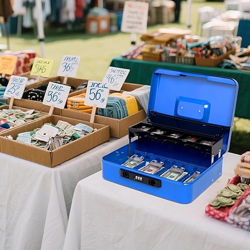 Vista 72 de Jssmst - Caja de efectivo de metal grande con bandeja de dinero,Caja de bloqueo Blanco con cerradura de combinación