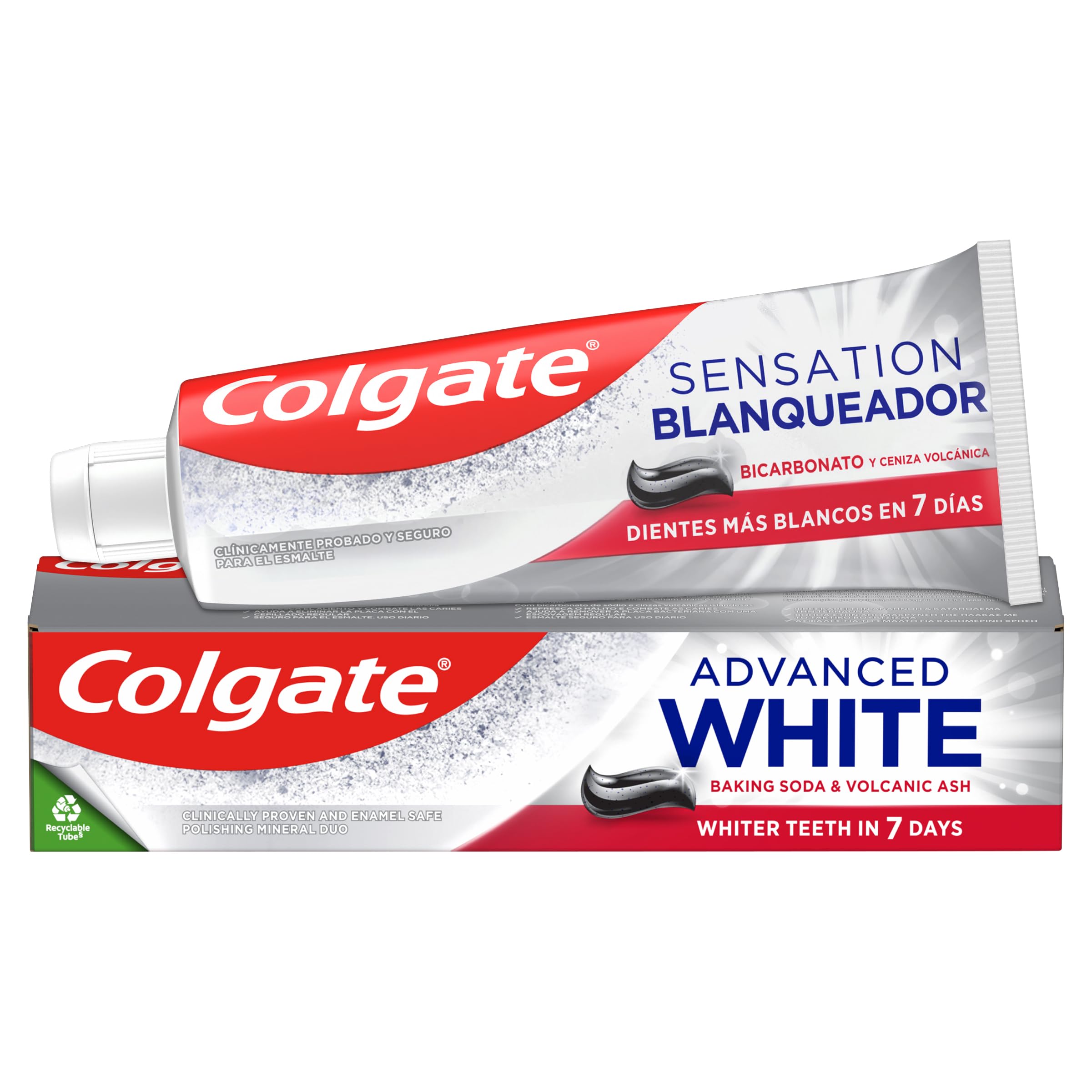 Colgate - Pasta de dientes Advanced White con Bicarbonato y Ceniza Volcánica, Pack 12 x 75 ml, Dientes más blancos en 7 días, clínicamente probada para eliminar las manchas superficiales
