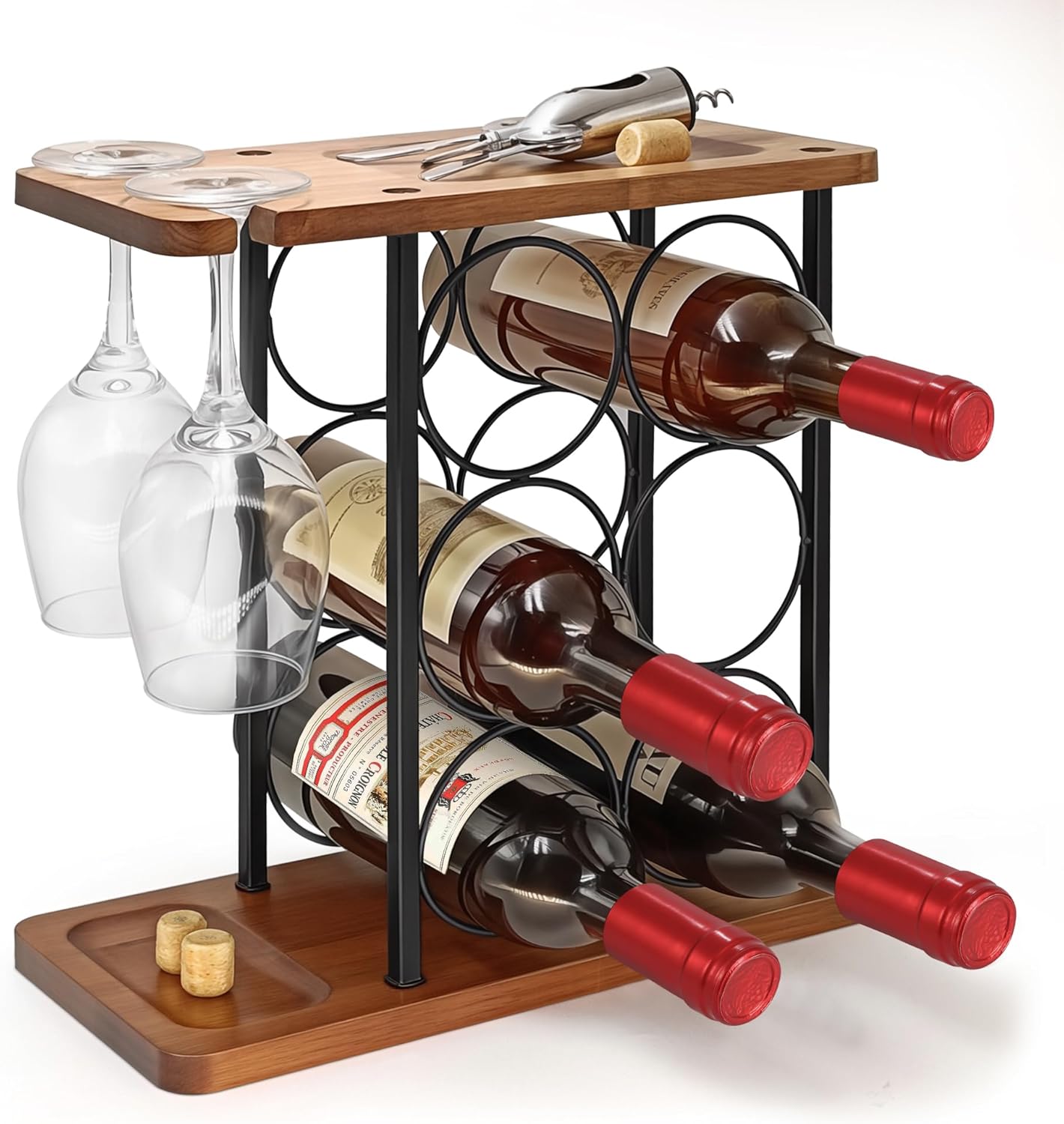 Wooden Wine Racks Countertop with Tray, Wine Bottle Holder for 6 Bottles & 2 Glasses, Perfect for Kitchen, Bar, Table, Cabinet, Wine Cellar