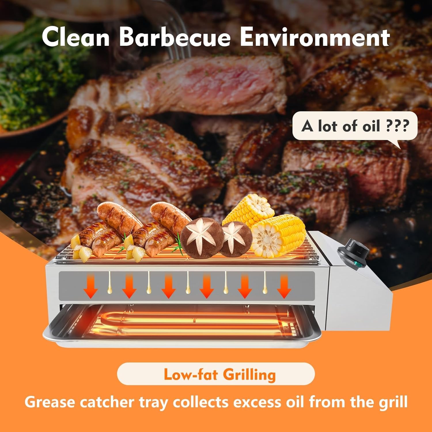 Smokeless Portable Cooking Oven, 1800W Commercial and Home Use Countertop Electric BBQ Grill, Smokeless Stainless Steel Non-stick Portable Grill for Party Home Camping Cooking