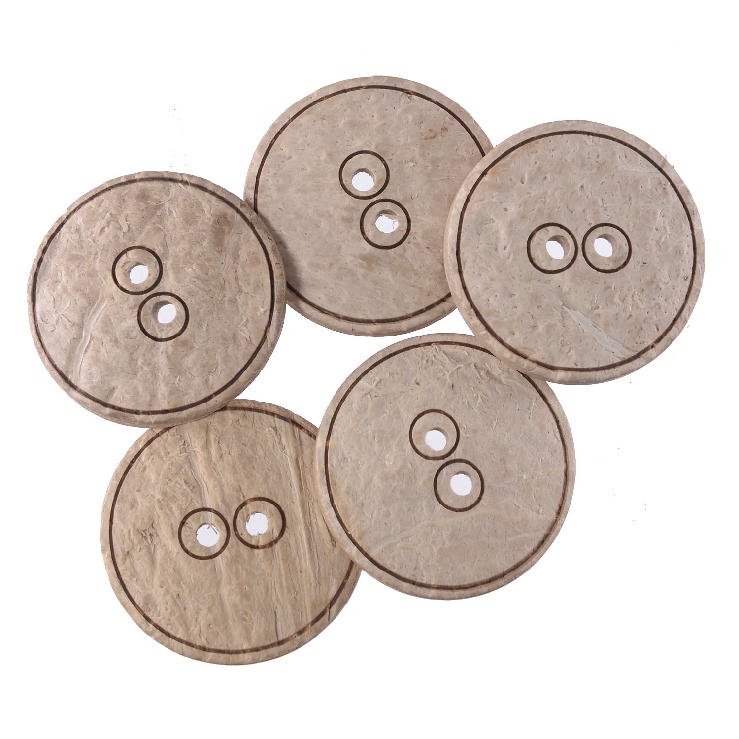 Mibo 5pcs Real Coconut Button - 2 Hole - Laser Etched Circular Edge and Center Pattern - 54L(34mm) - White Coconut