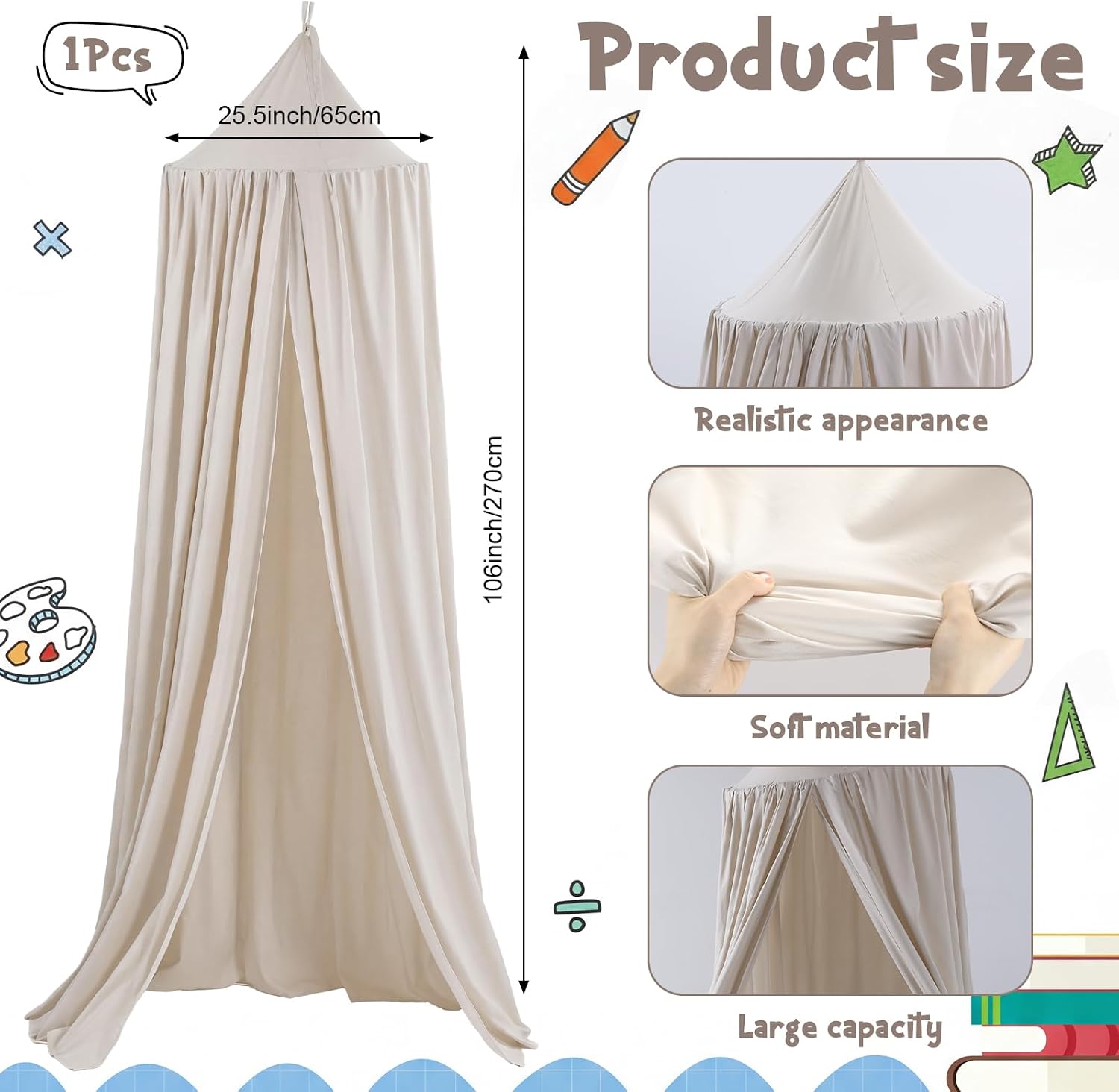 Beige Bed Canopy Round Dome Hanging Tent for Girls Bedroom Nook