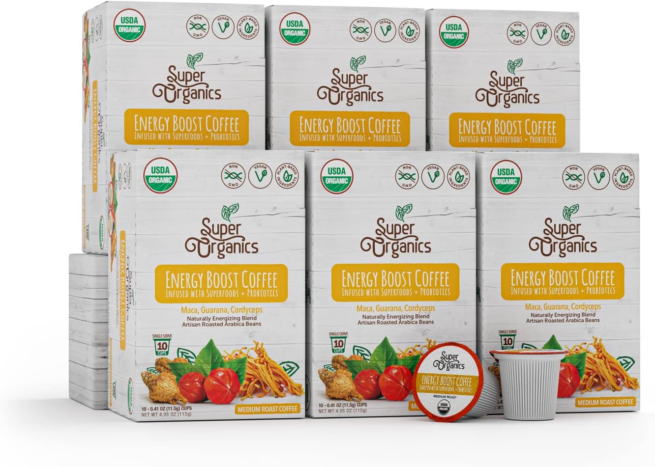 Energy Boost Coffee Brew Cups with Superfoods & Probiotics Keurig K-Cup Compatible Energizing, Stamina Medium Roast, USDA Certified Organic, Vegan, Non-GMO, 60ct