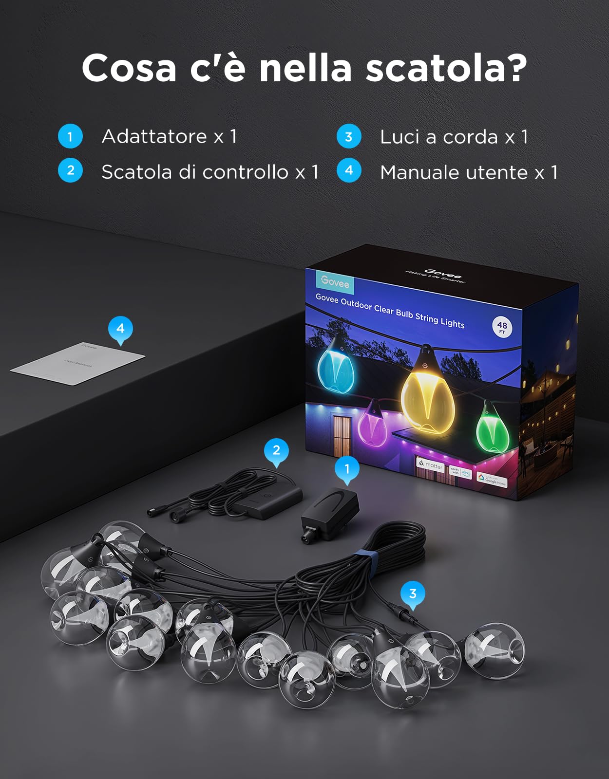 Govee Luci per Esterni, Luci a Catena LED RGBWIC Dimmerabili da 15 m | 16M di Colori e 111 Modalità di Scena, 80 lm per LED, Durata di 25.000 ore, Funziona con Alexa, Google Assistant, Matter
