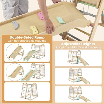 COSTWAY Indoor Climbing Frame for Toddlers, 8 in 1 Wooden Jungle Gym with Double-sided Ramp, Monkey Bar, Swing, Rope Ladder, Climbing Ladder & Net (Multicolor)