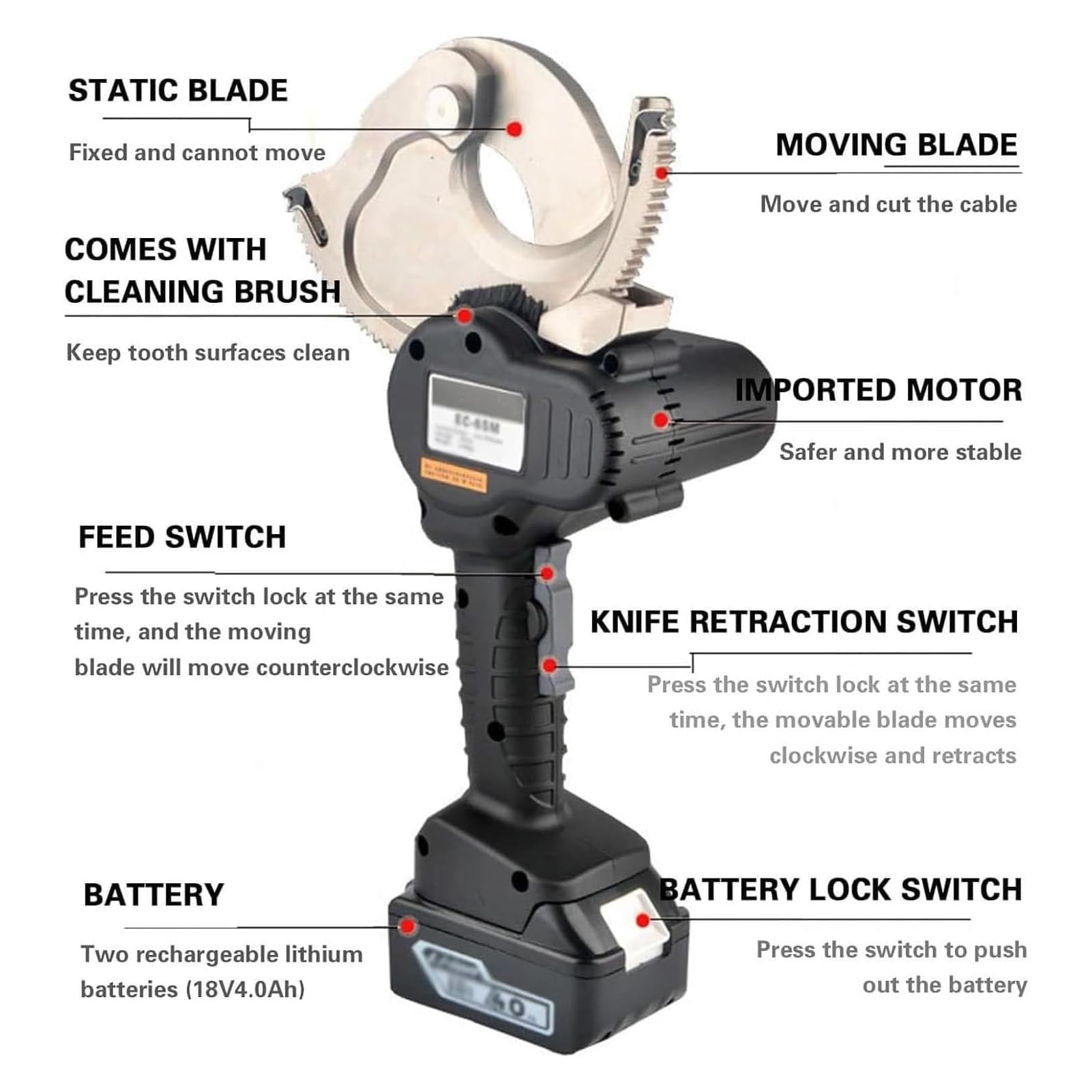 Elektryczny zapadkowy przecinak kablowy, profesjonalny hydrauliczny przecinak do kabli z grzechotką, 50 mm-95 mm narzędzie do cięcia drutu miedzianego, bateria 4,0 Ah, narzędzie budowlane
