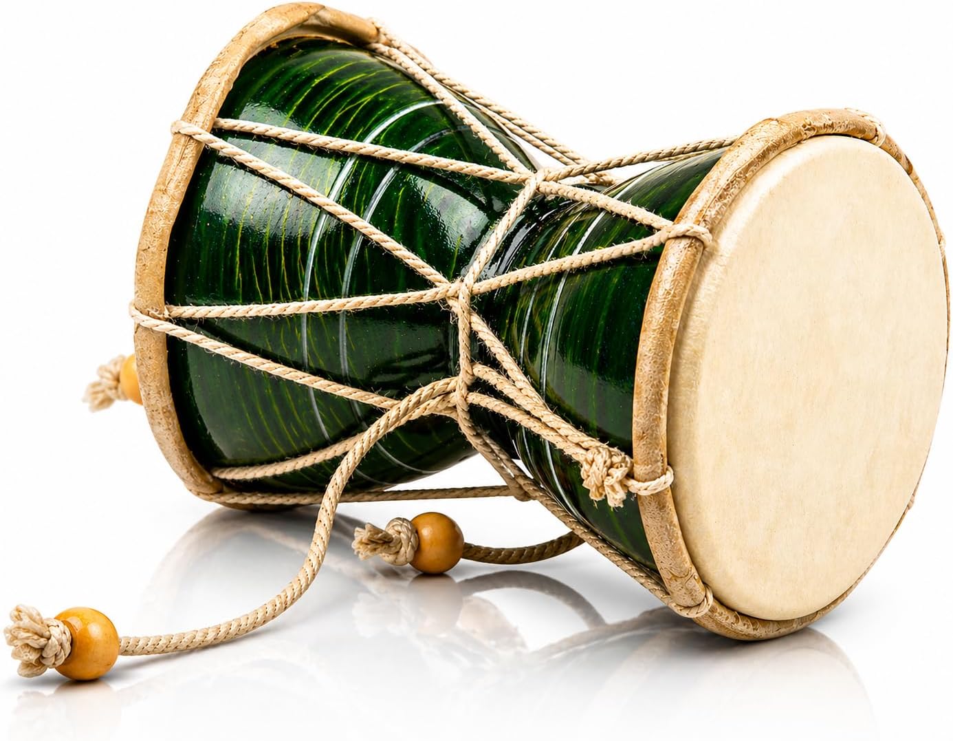 The Great Indian Bazaar Handmade Wooden & Leather Classical Folk Dumroo Damroo Damaru Hand Drum Set Percussion Decorative Collectible Showpiece World Musical Instruments (Green)