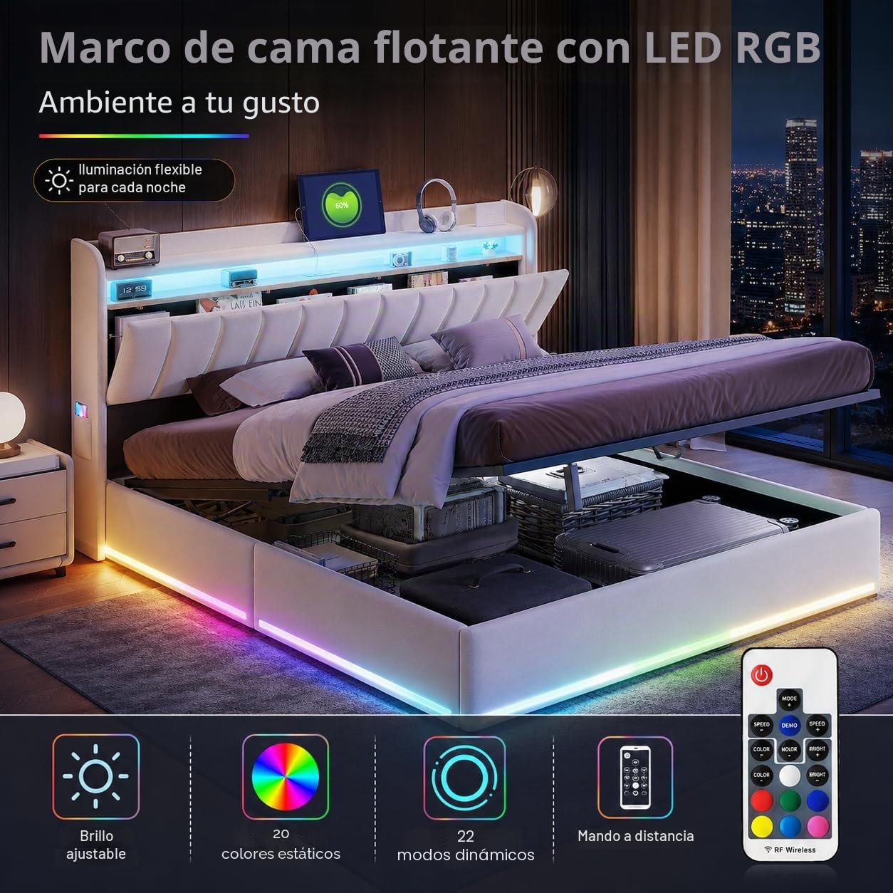 CDQL Cama tapizada de Matrimonio de 140 x 200 cm, con Conexiones USB y Type-C en el cabecero, estantes Abiertos y Compartimento Oculto, iluminación LED integrada, Terciopelo, Beige