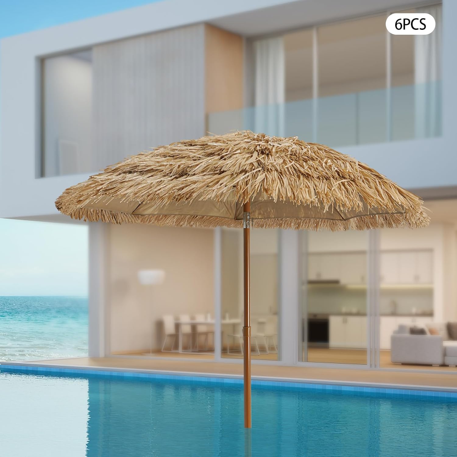 5.3Ft Thatched Tiki Patio Beach Umbrella,6PCS Hawaiian Style Hula Thatched Tiki Beach Umbrella for Poolside,Camping,Backyard,Picnic,Lawn