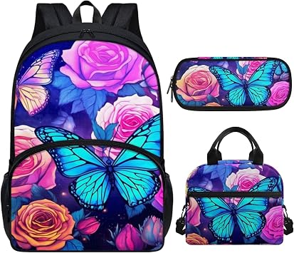 ZOUTAIRONG Butterfly Rose Kids Backpack with Lunch Box Pencil Case Flower School Bag Sets for Girls Elementary Pouch Case Back to School Rucksack 3 Pcs Patriotic Purple