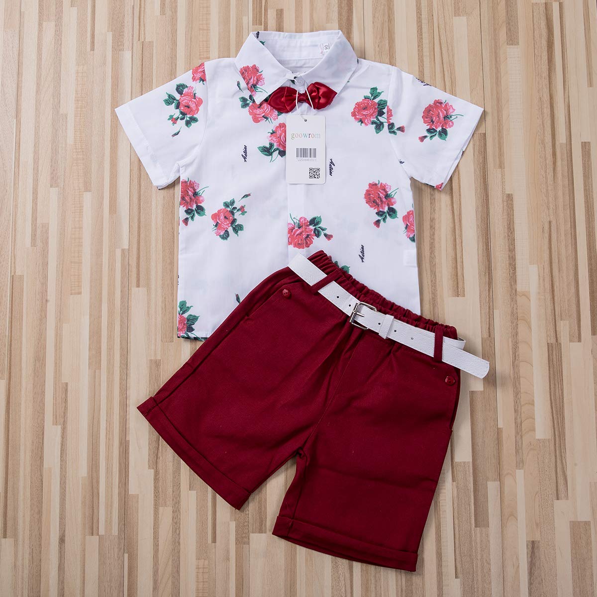 Toddler Baby Boy Summer Shorts Set Floral Print Polo Shirt+Belt Shorts Kid Gentlemen Clothes Set (White, 5-6 Years)