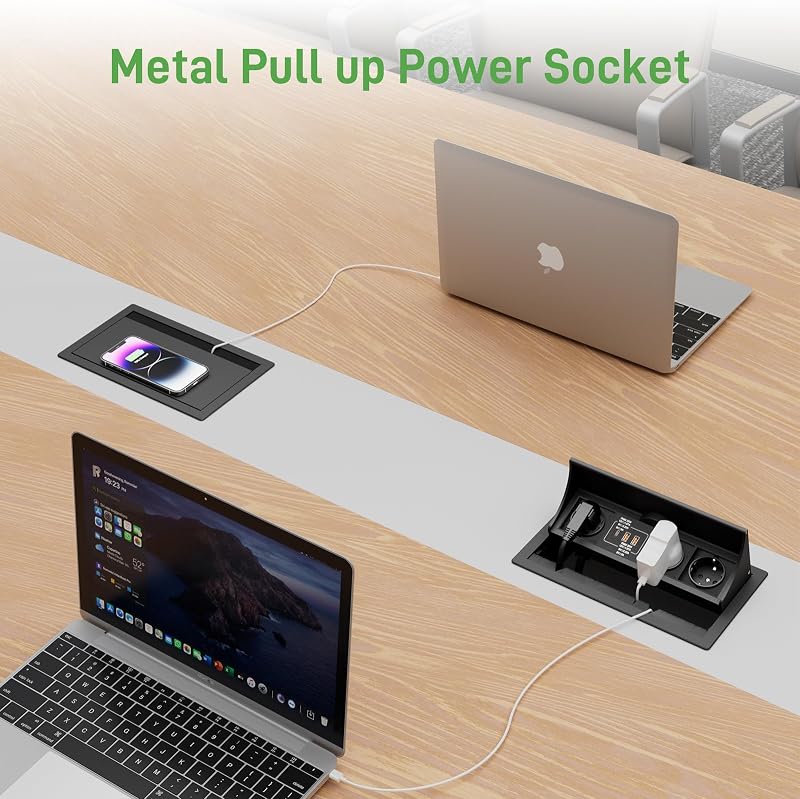 HANNELORE Beépíthető Aljzat USB-C PD 20W és Vezeték Nélküli Töltő 15W, Kihúzható Asztali Elosztó Munkalapba, 2m Kábel, Fekete
