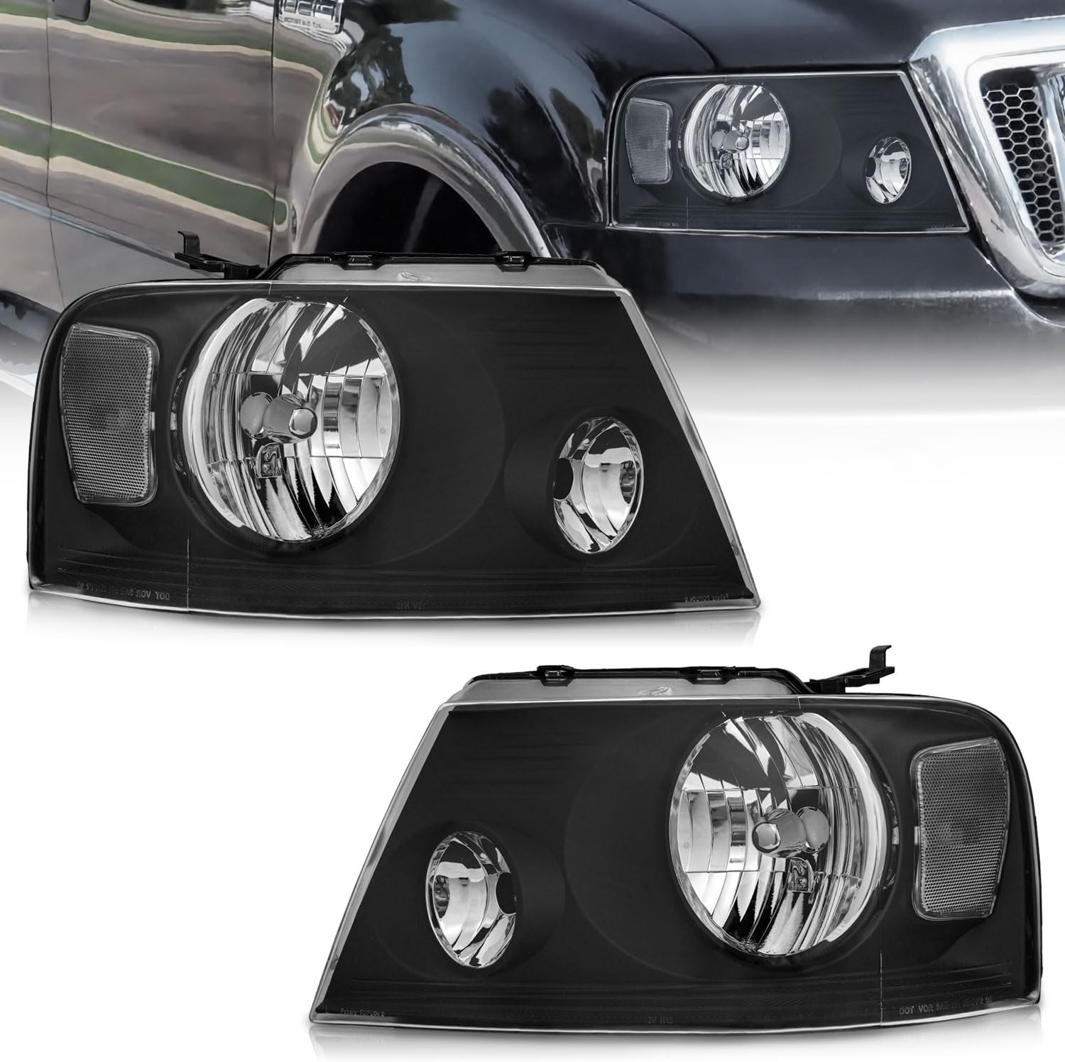 WEELMOTO Halogen Headlights for 2004 2005 2006 2007 2008 Ford F150 Pickup / 2006-2008 Mark LT Headlight Assembly Compatible with 04-08 F150 Headlamp Replacement Black Housing Left+Right Side