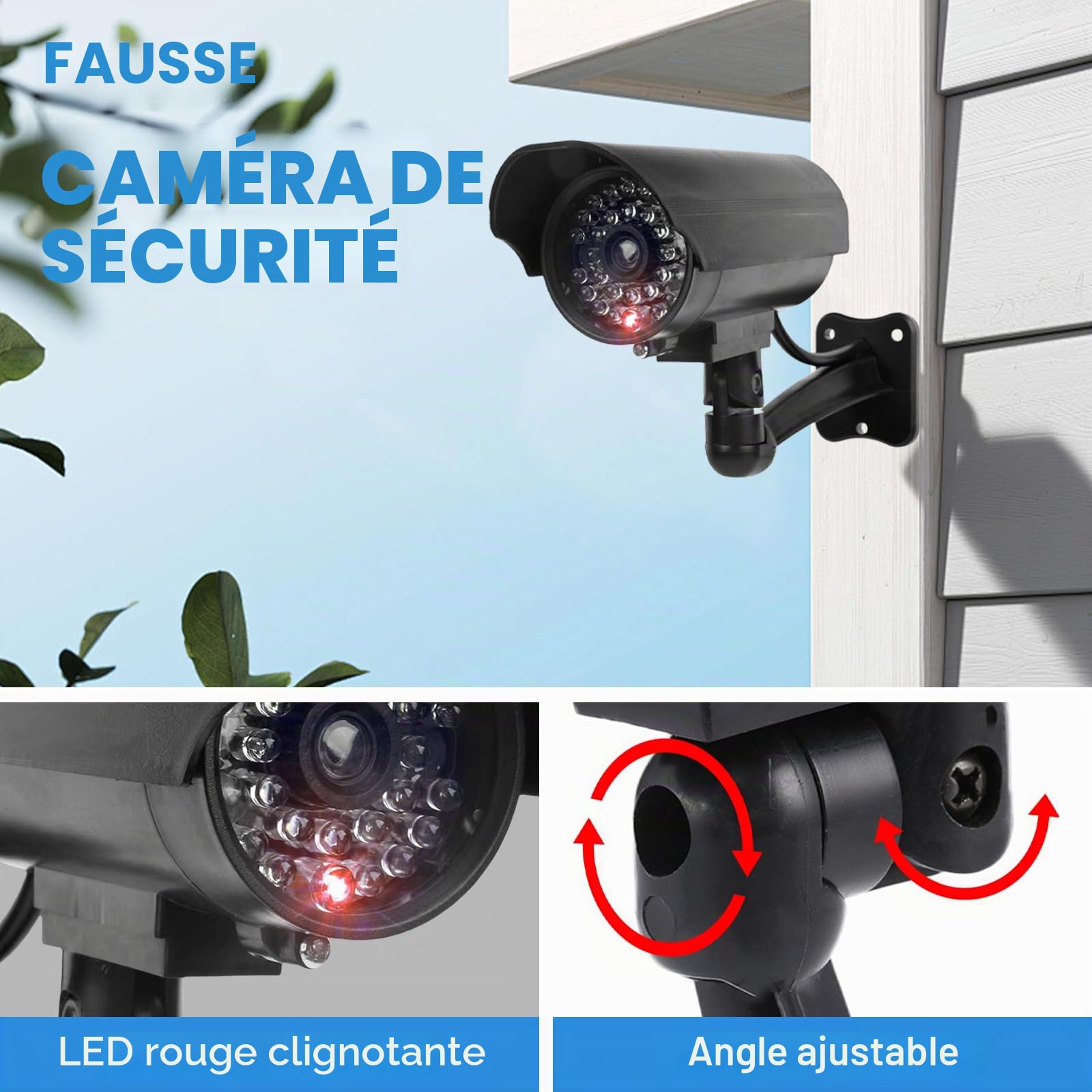 Sporgo Caméra Factice 3 Pièces: Caméra de Surveillance Factice Extérieure avec Lumière LED Rouge Clignotante, Caméra de Surveillance Factice Fausse Caméra de Sécurité pour Intérieur et Extérieur (Noir