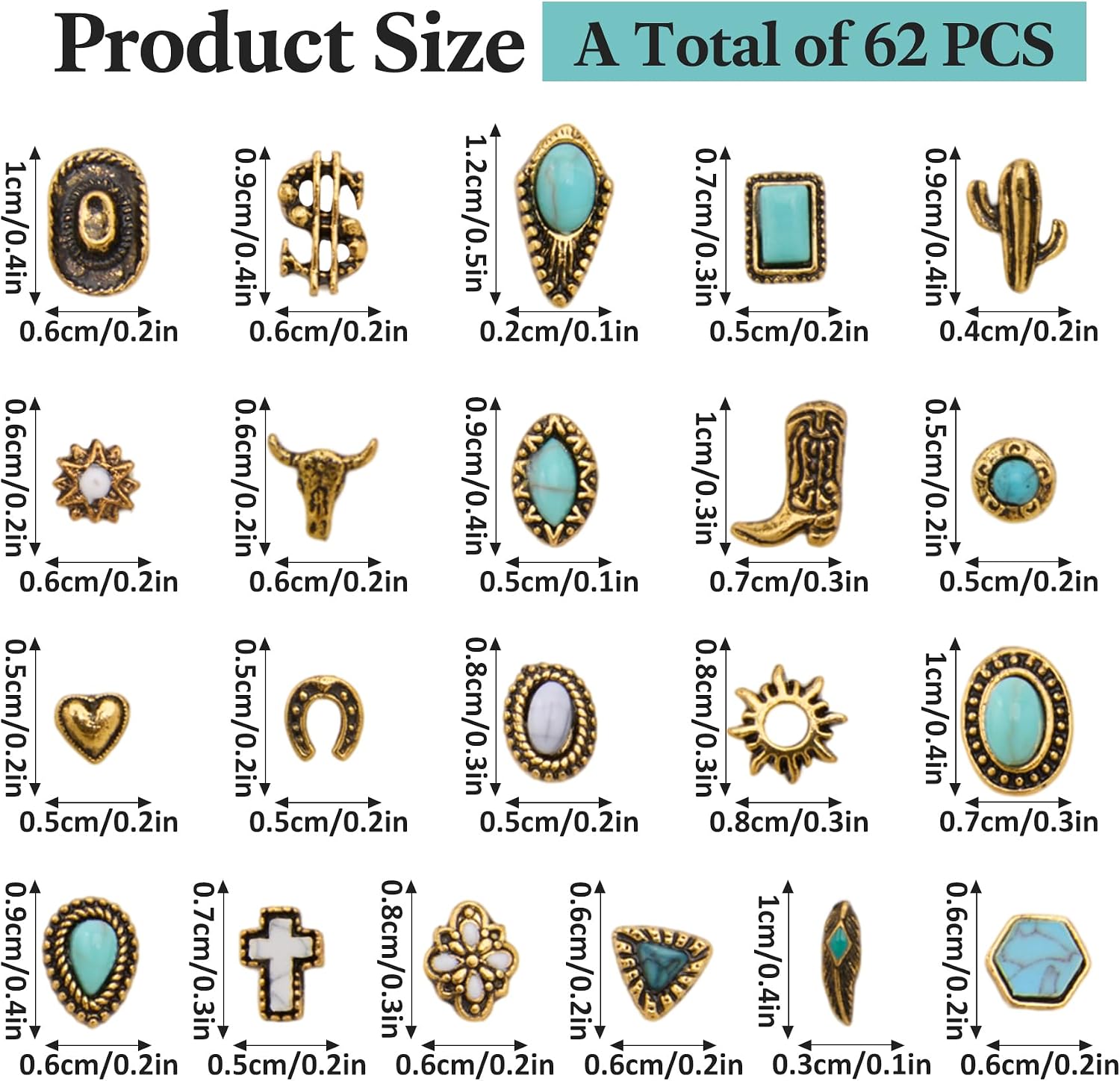 62 PCS Western Nail Charms - Ohmique 3D Vintage Western Nail Charms and Gems Art Cowboy Cowgirl, Gold Silver Turquoise Gemstone Jewelry Accessories Stickers Decoration for DIY Craft