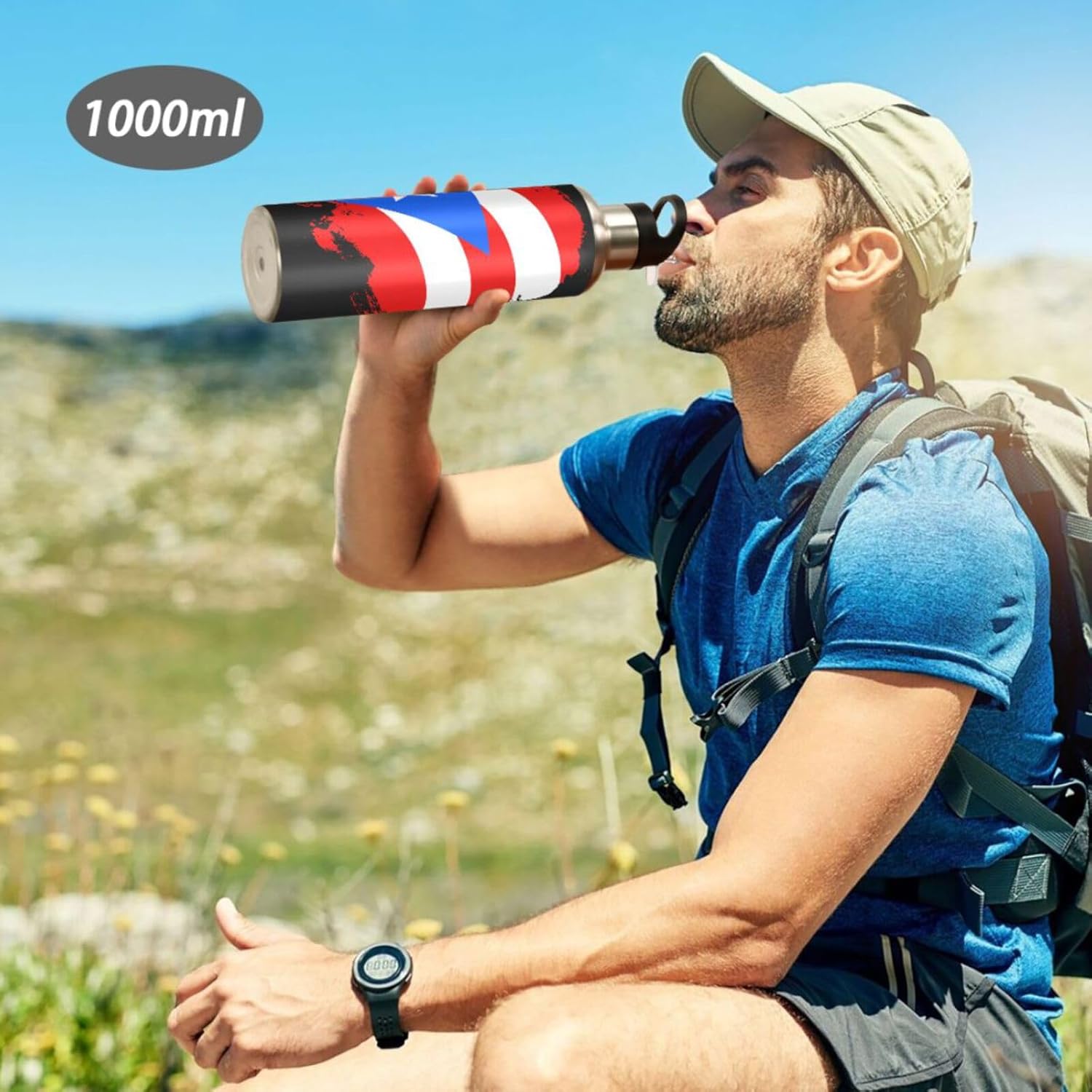 Puerto Rico Flag Brush Stroke Insulated Water Bottle with Straw, Stainless Steel Sports Water Bottles with Straw Lid, Double Wall Vacuum, Leakproof, BPA-Free.35oz