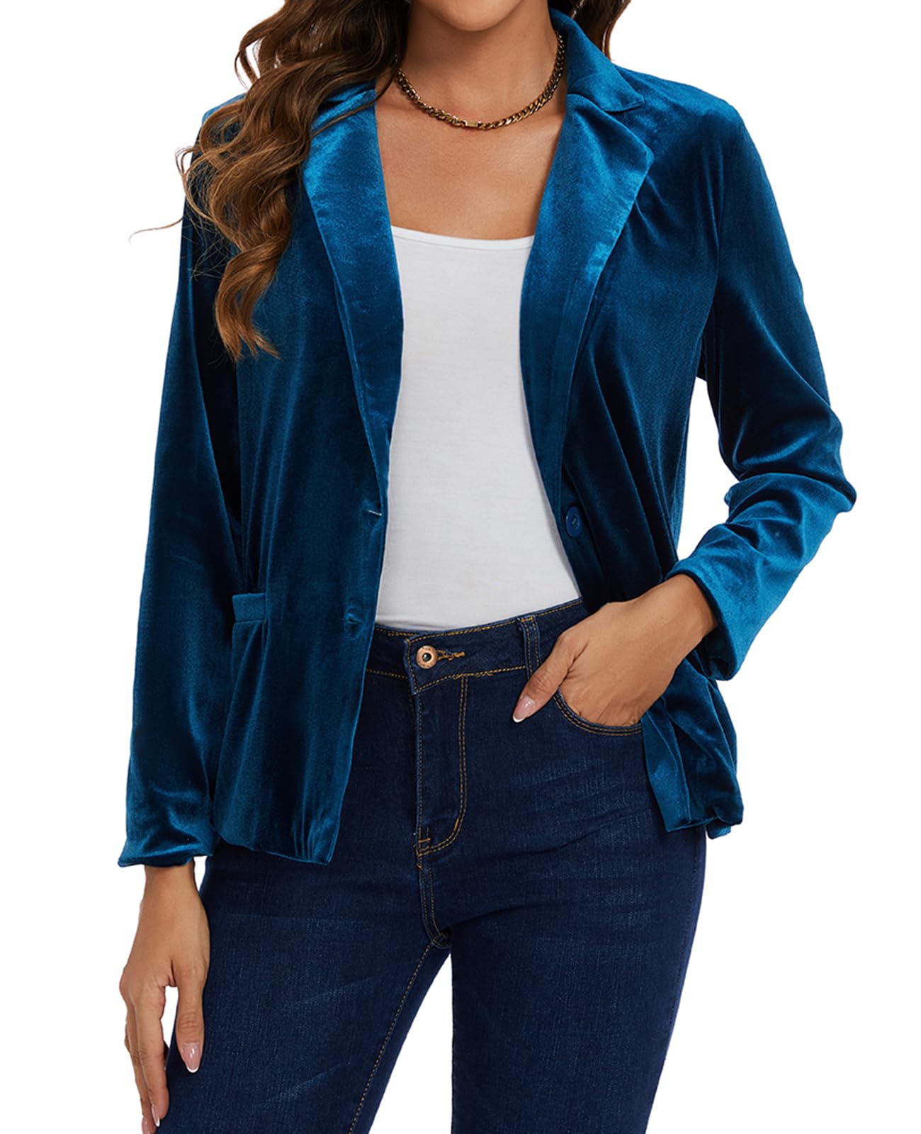 mintlimit Velvet Blazer for Women Casual Work Office Long Sleeve Notched Lapel Button Blazer Jacket with Pockets Outerwear, Blue, Large-picture-31