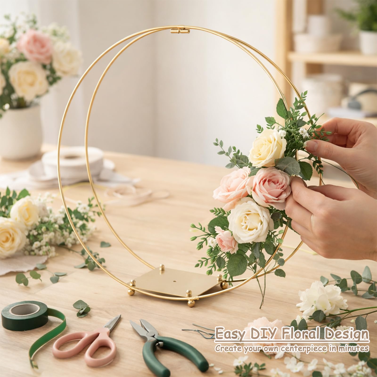 8 Pièces Cerceau Floral Métal Doré 30 Cm Avec Supports Bois Et Bougies LED - Décoration Mariage DIY