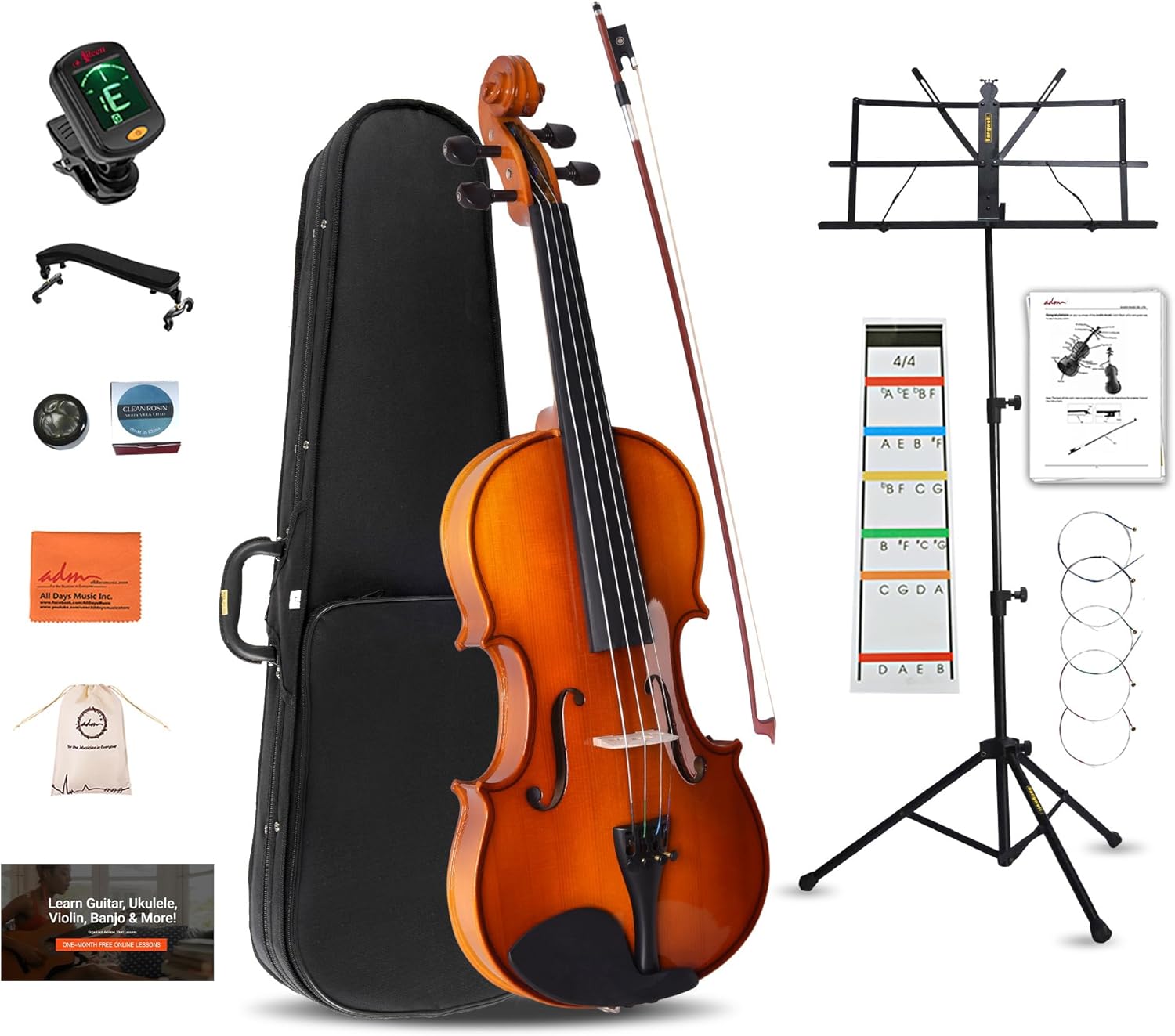 ADM Acoustic Violin for Beginner 4/4 Full Size Violin Set Solid Wood for Adult Teen Student Starter Kit with Tuner, Case, Shoulder Rest, Bow, Music Stand, Strings, Free Lessons,Yellow Brown