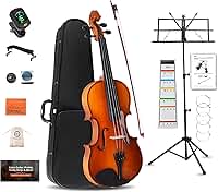 ADM Violino acústico para iniciantes 4/4 conjunto completo de violino de madeira maciça para estudantes adolescentes adultos kit iniciante com afinador, estojo, descanso de ombro, arco, suporte de