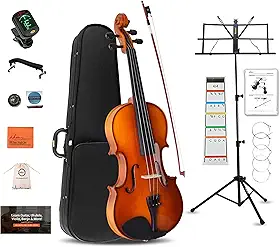 ADM Violino acústico para iniciantes 4/4 conjunto completo de violino de madeira maciça para estudantes adolescentes adultos kit iniciante com afinador, estojo, descanso de ombro, arco, suporte de