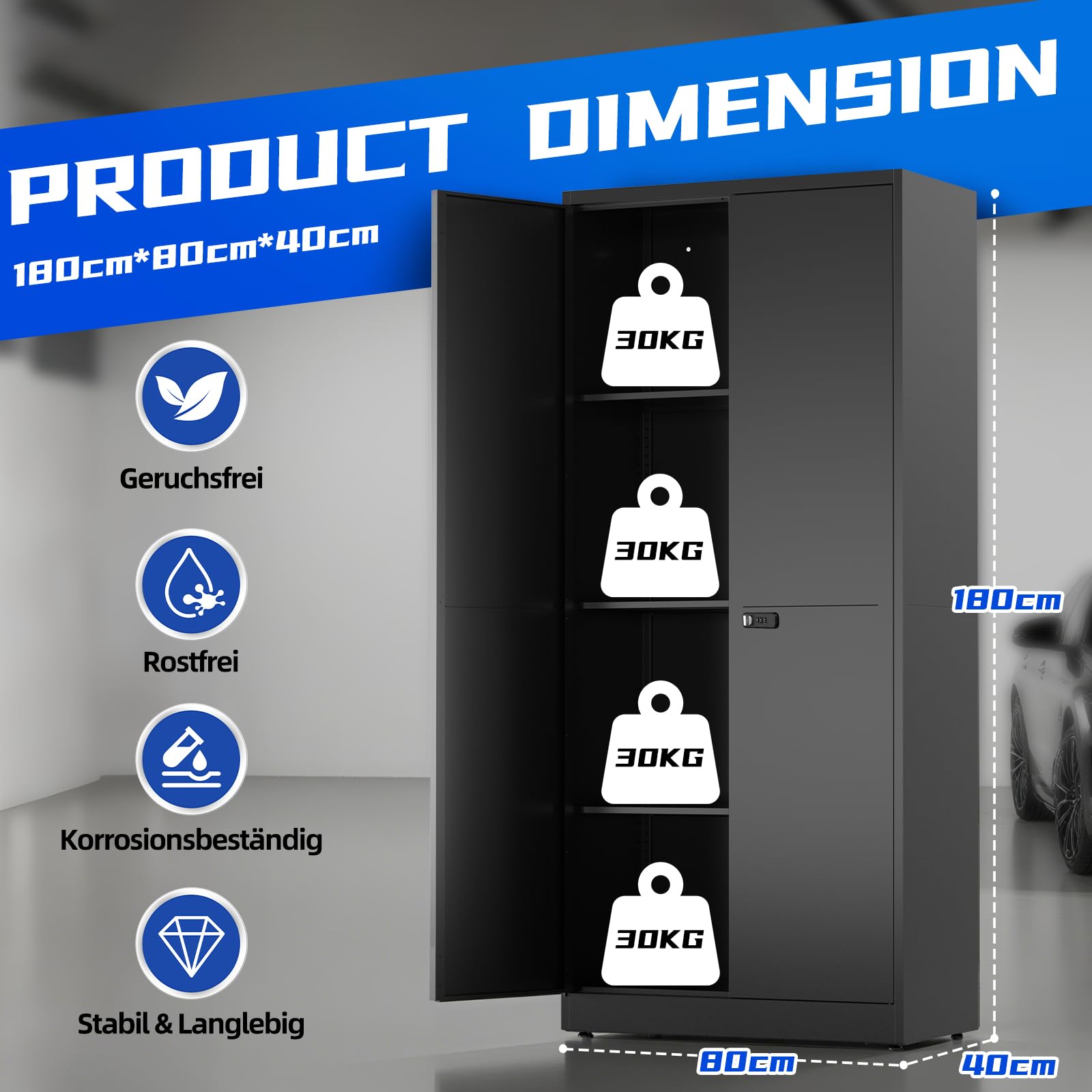 Metallschrank, Werkzeugschrank, Aktenschrank Abschließbar, Mehrzweckschrank mit Kombinationsschloss, Verstellbare Regale, Garage,Büro, Wohnzimmer, 180cm x 80cm x 40 cm, Schwarz