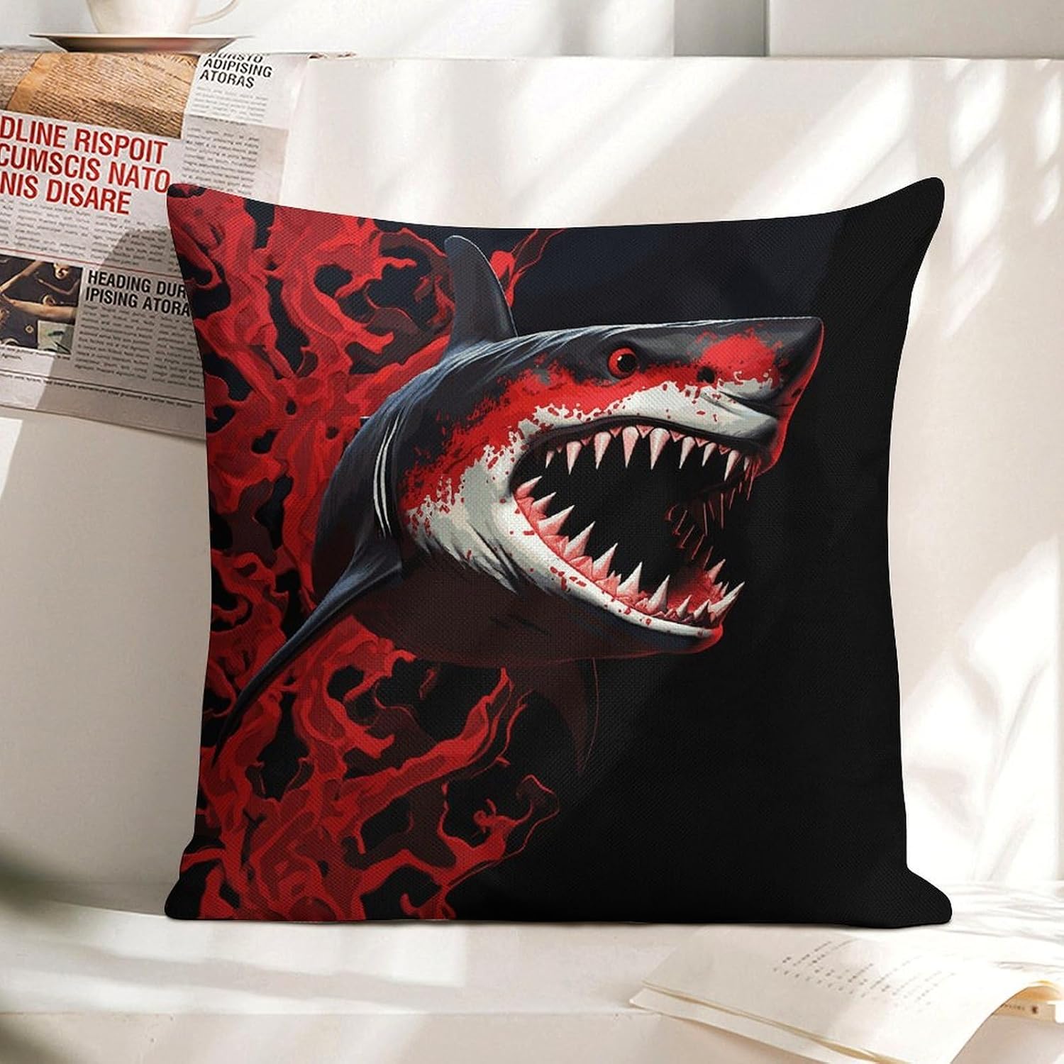 Red-Black Shark Pillow Protectors Cute Waterproof Pillow Cover Soft Skin-Friendly Cushion Case Decorative Square Cushion Cover for Couch Sofa Bed Living Room Bedroom