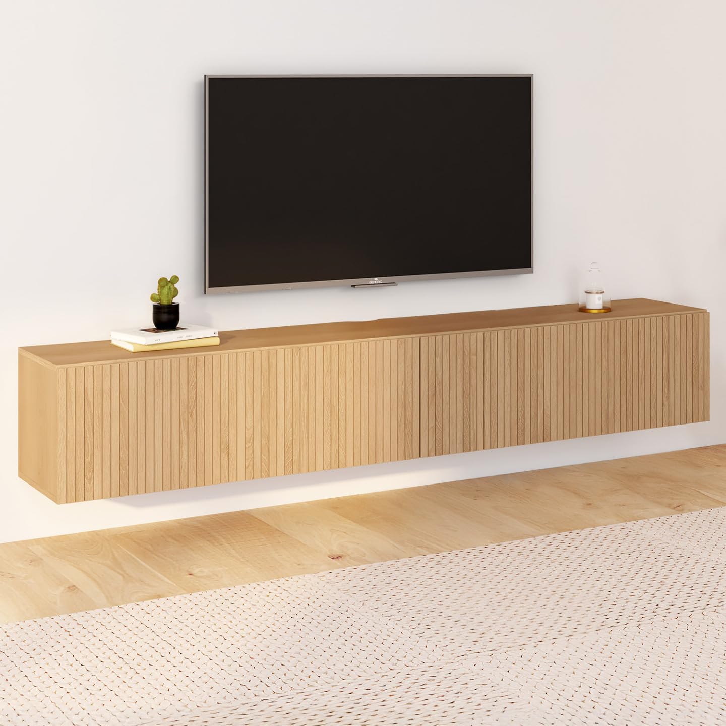 IDMarket - Meuble TV 180 cm Suspendu Juliette 2 Portes Lattes tasseau Bois Coloris chêne