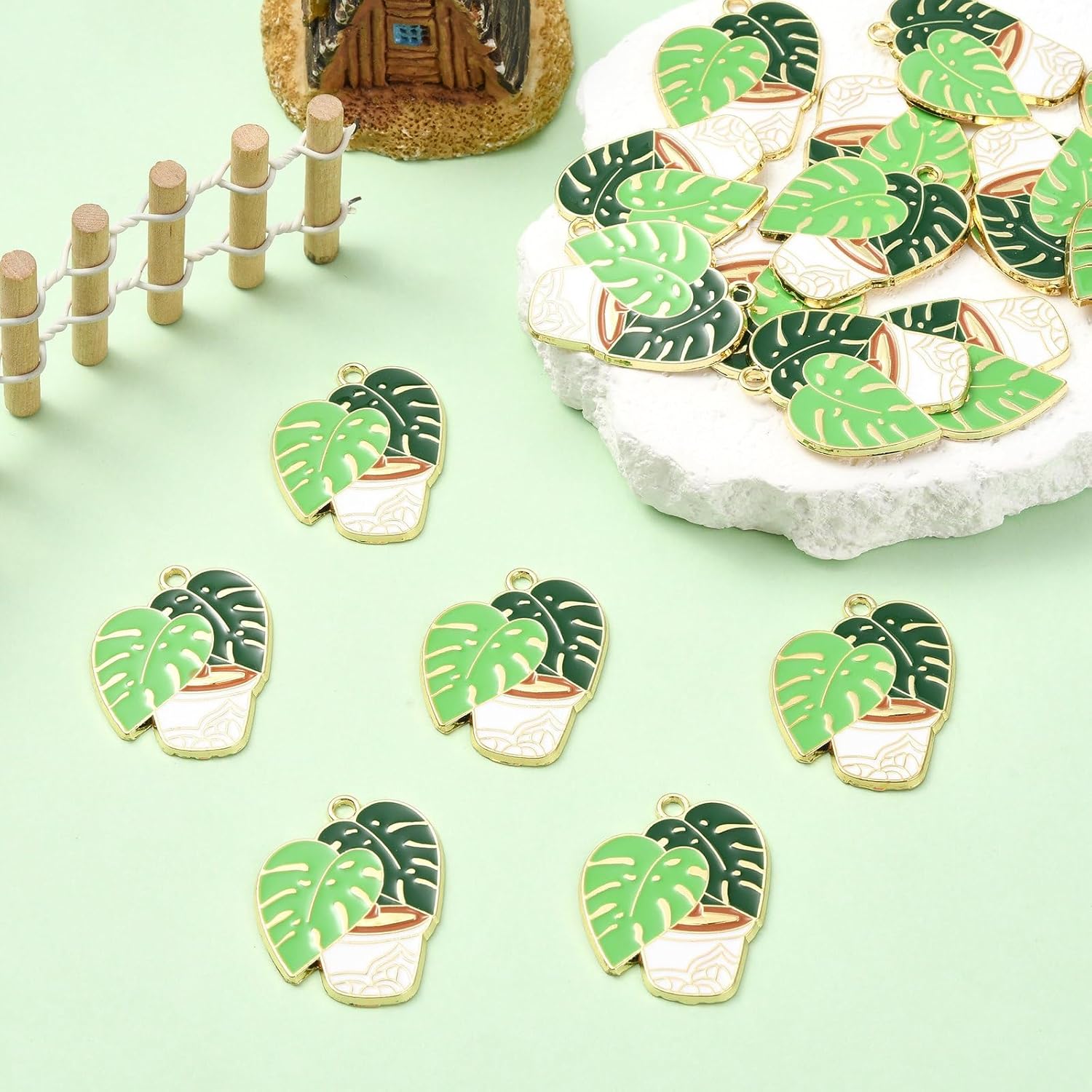 LiQunSweet 50 Pcs Pot Culture with Leaf Enamel Alloy Charms Monstera Leaves Green Plant Potted Charms for DIY Jewelry Crafts Bracelet Necklace Decoration