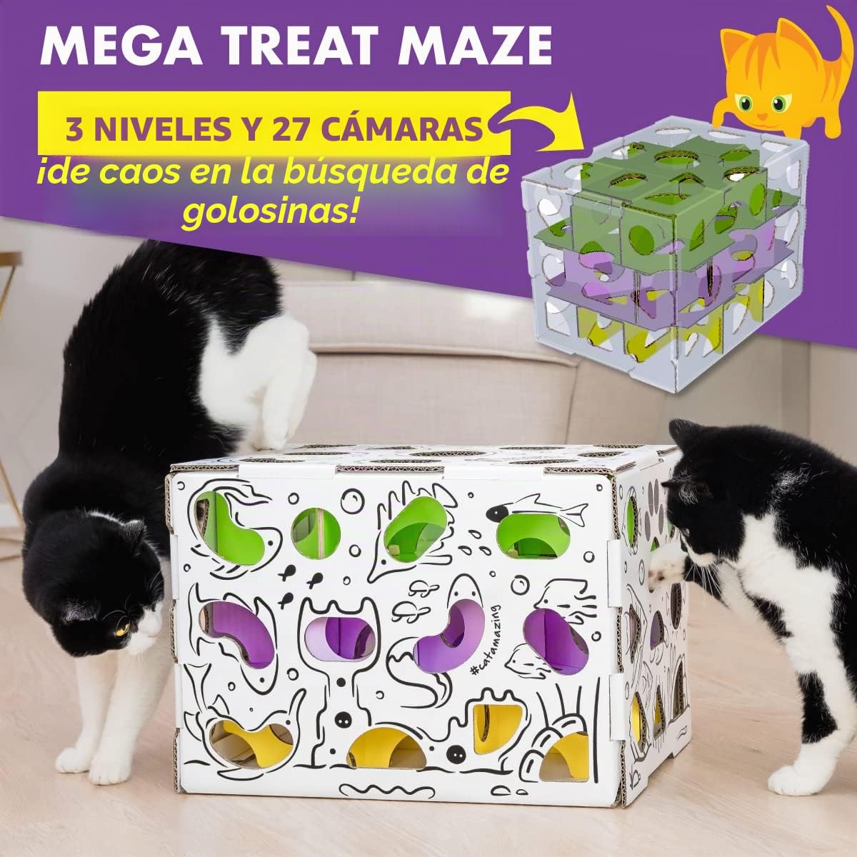 Cat Amazing Mega - Caja de Rompecabezas para Gatos - Laberinto Interactivo de golosinas - Comedero para Gatos - Caja de golosinas para Gatos de Interior - Juguete de enriquecimiento de Alimentos - El
