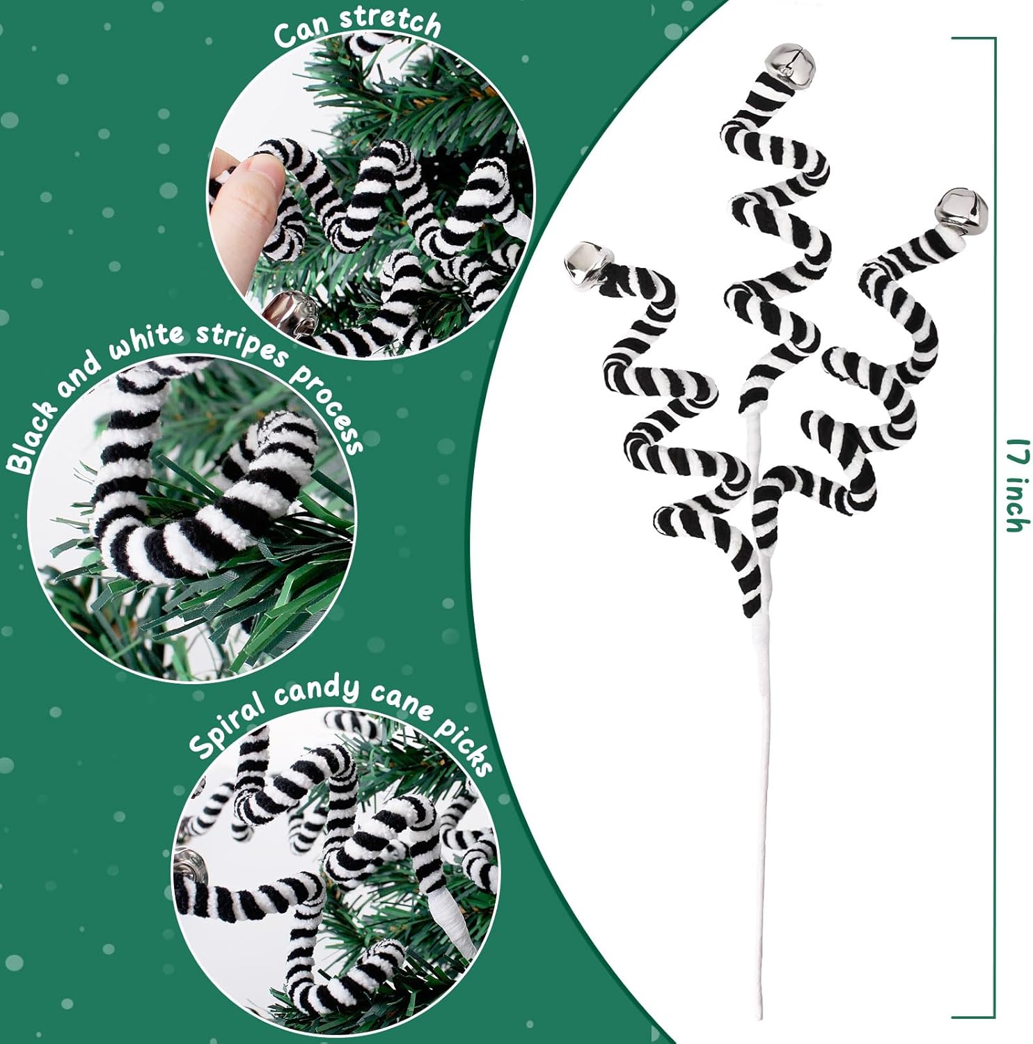 RINOLY 6 Pcs Christmas Tree Topper,17 in Black and White Candy Cane Christmas Decorations,Woolen Bells Curly Christmas Tree Picks Xmas Ornaments for Tree Decors Vase Filler Garland - Image 3