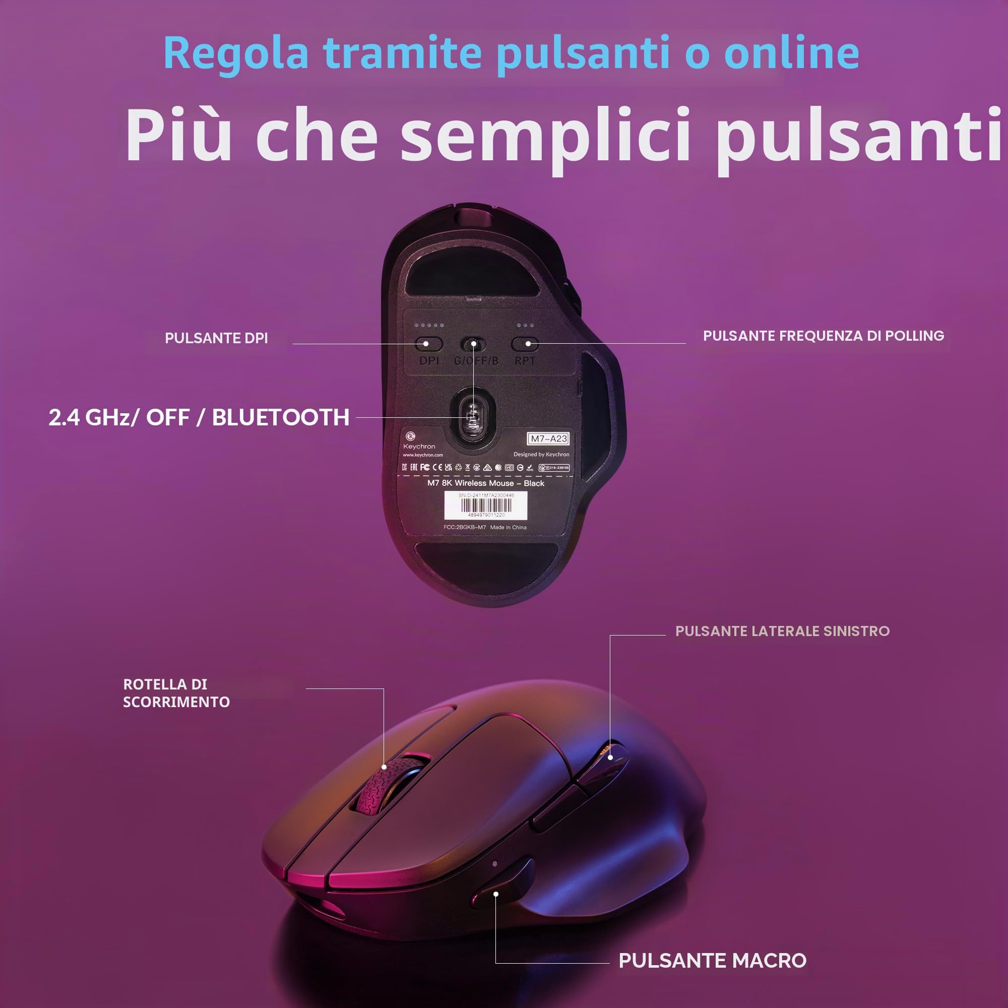Keychron M7 Mouse Gaming Wireless 8K Polling Rate – Ultra-Leggero 63 g, Sensore PixArt 26.000 DPI, Tri-Mode (2.4G/Bluetooth/Cavo), Tasti Programmabili, Nero
