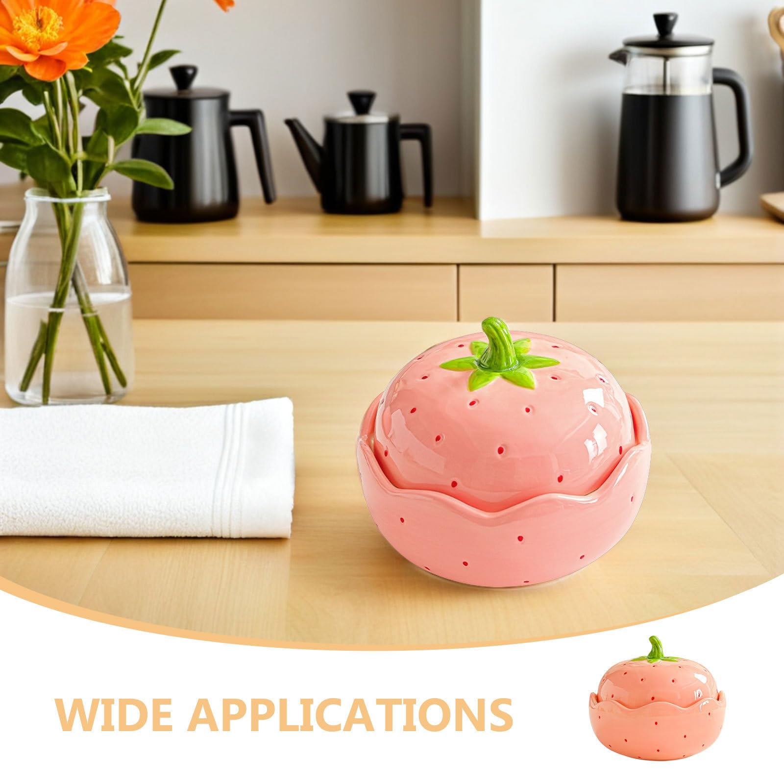 Kichvoe Tazón de Ramen de Cerámica Rosa Fresa con Tapa, 600 Ml | Diseño Decorativo Encantador, Apto para Rutinas Diarias y Trabajo, Conserva el Calor Frescura