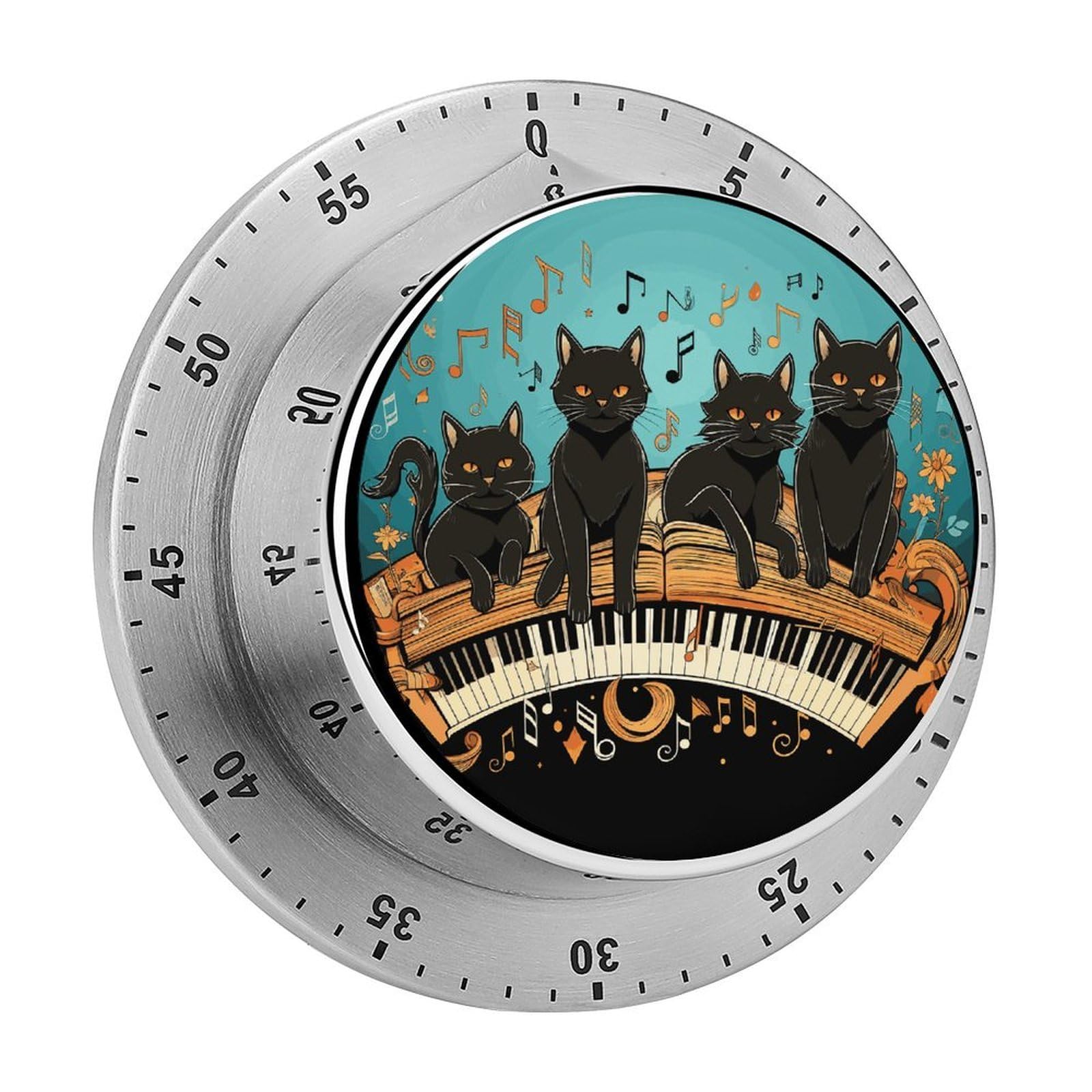 Mechanical Kitchen Timer with Magnetic Back, Stainless Steel Manual Four Black Cats Lying on The Piano Keyboard Printed Timer for Cooking and Time Management