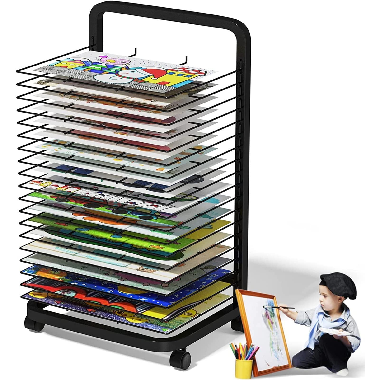 JYHHGDS Art Drying Rack for Classroom Space Saver, Mobile Metal Artwork Storage Display Shelf Art Rack Art Organizer for Kids, Art Studio, Painting Drying Rack, Black, 3 Sizes-20 Shelves
