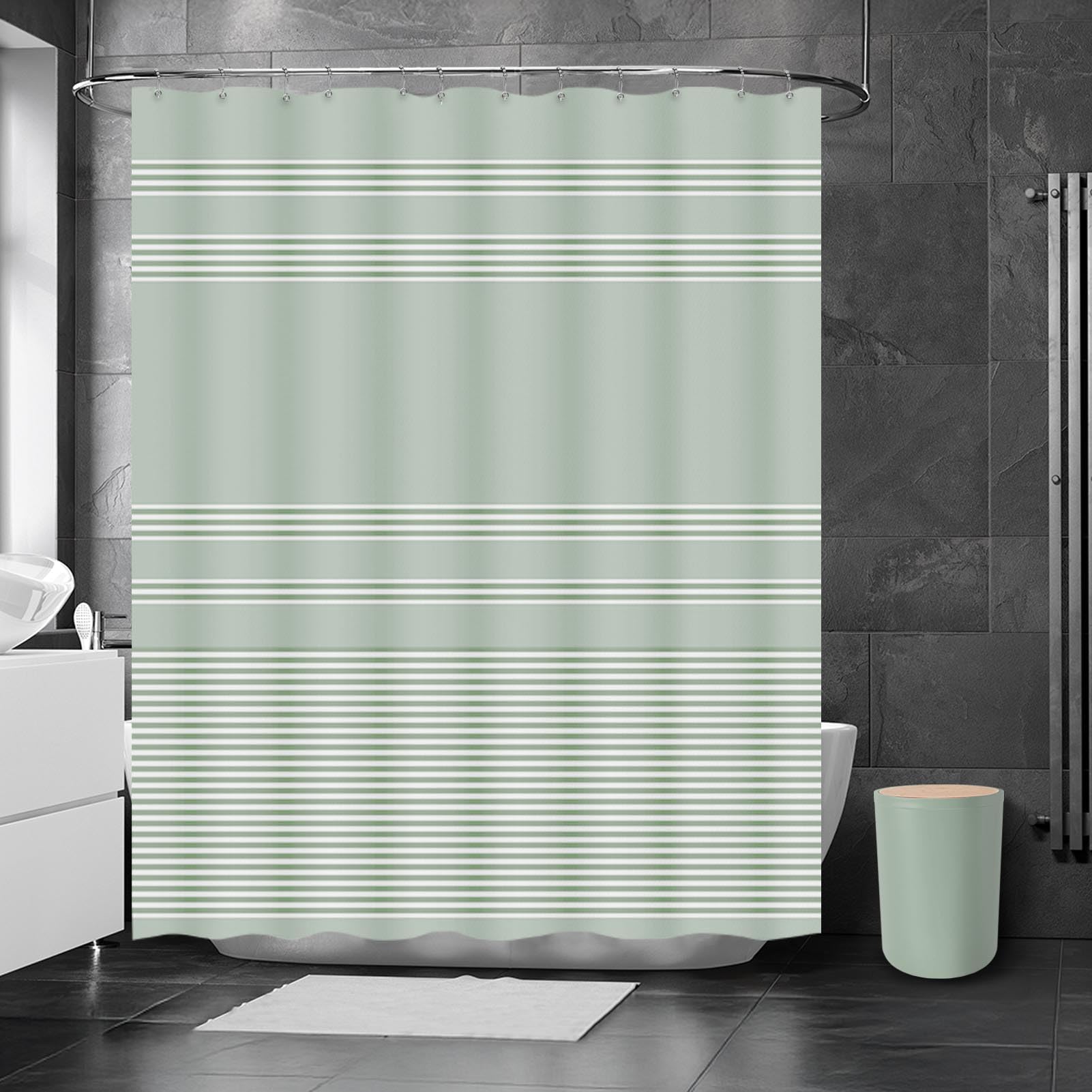 Britimes Badezimmer-Zubehör-Sets, salbeigrün Duschvorhang-Set mit Mülleimer, Seifenspender, WC-Bürstenhalter, Zahnbürstenhalter und Zahnbürstenbecher für Badezimmer-Dekor (Grün)