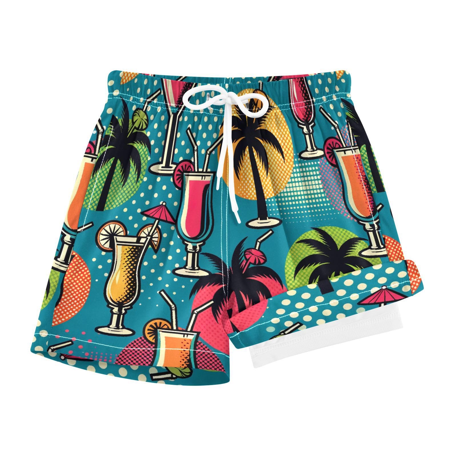 YANENDIE Boy Swim Trunks with Compression Liner Tropical Plam Trees Cocktails Boys Swim Shorts Quick Dry Beach Shorts