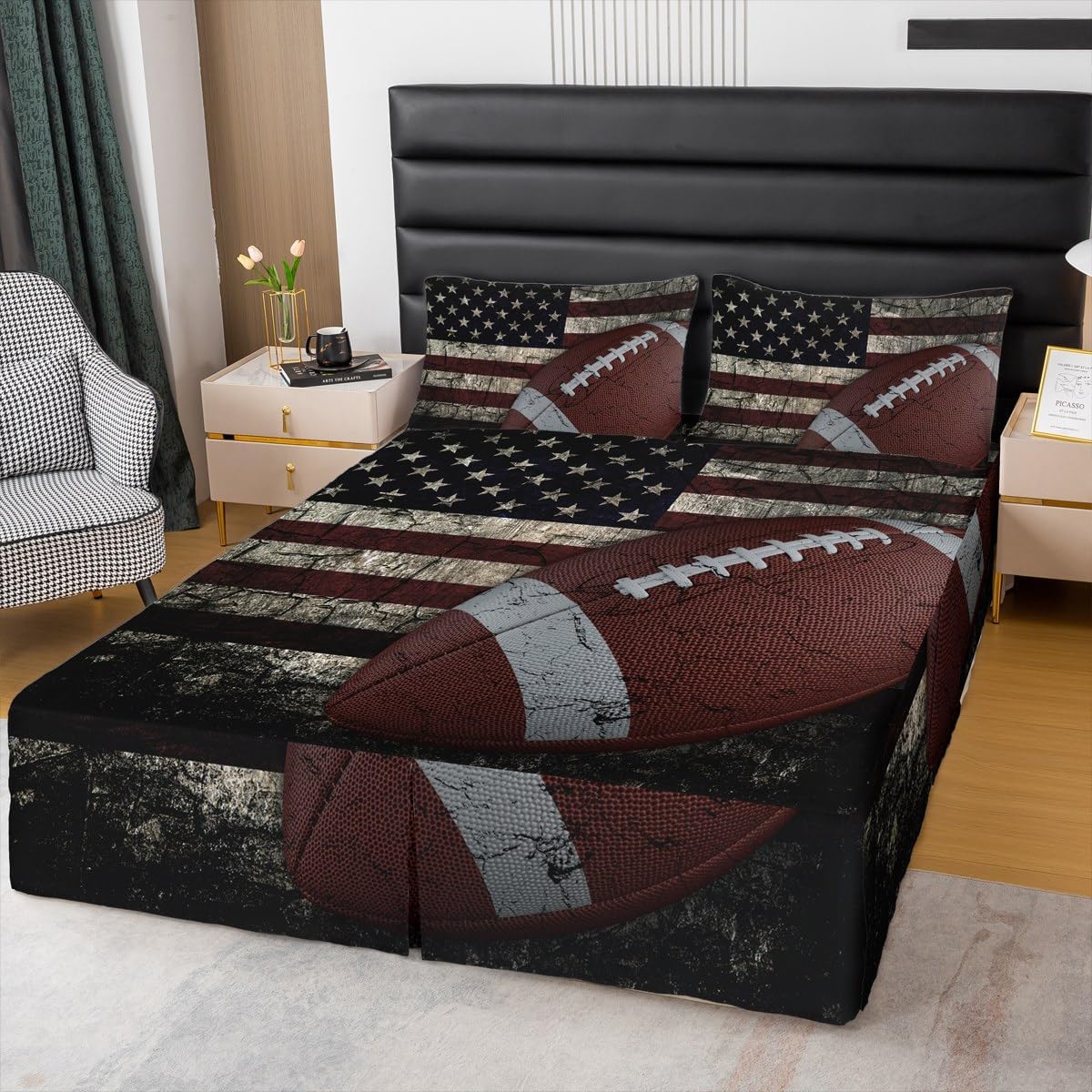 Erosebridal American Flag Bed Skirt, Boys Football Bed Skirts Queen Soccer Sports Games Bedskirt United States Federations Stars Stripes Bedding Set for Kids Teens Adult Bedroom Decor, 2 Pillow Cases