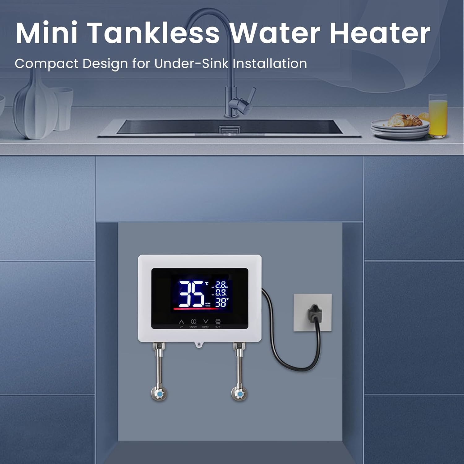 Mini Tankless Water Heater Electric 110V Under Sink Small Hot Water Heater Instant On Demand for Kitchen Bathroom 3000W Rectangular Screen