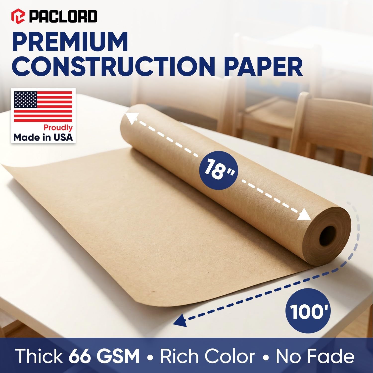 Natural Kraft Brown Construction Paper Roll 18" x 100 ft – Made in USA – 18" Bulletin Board Paper for Classroom & School, Teachers & Kids